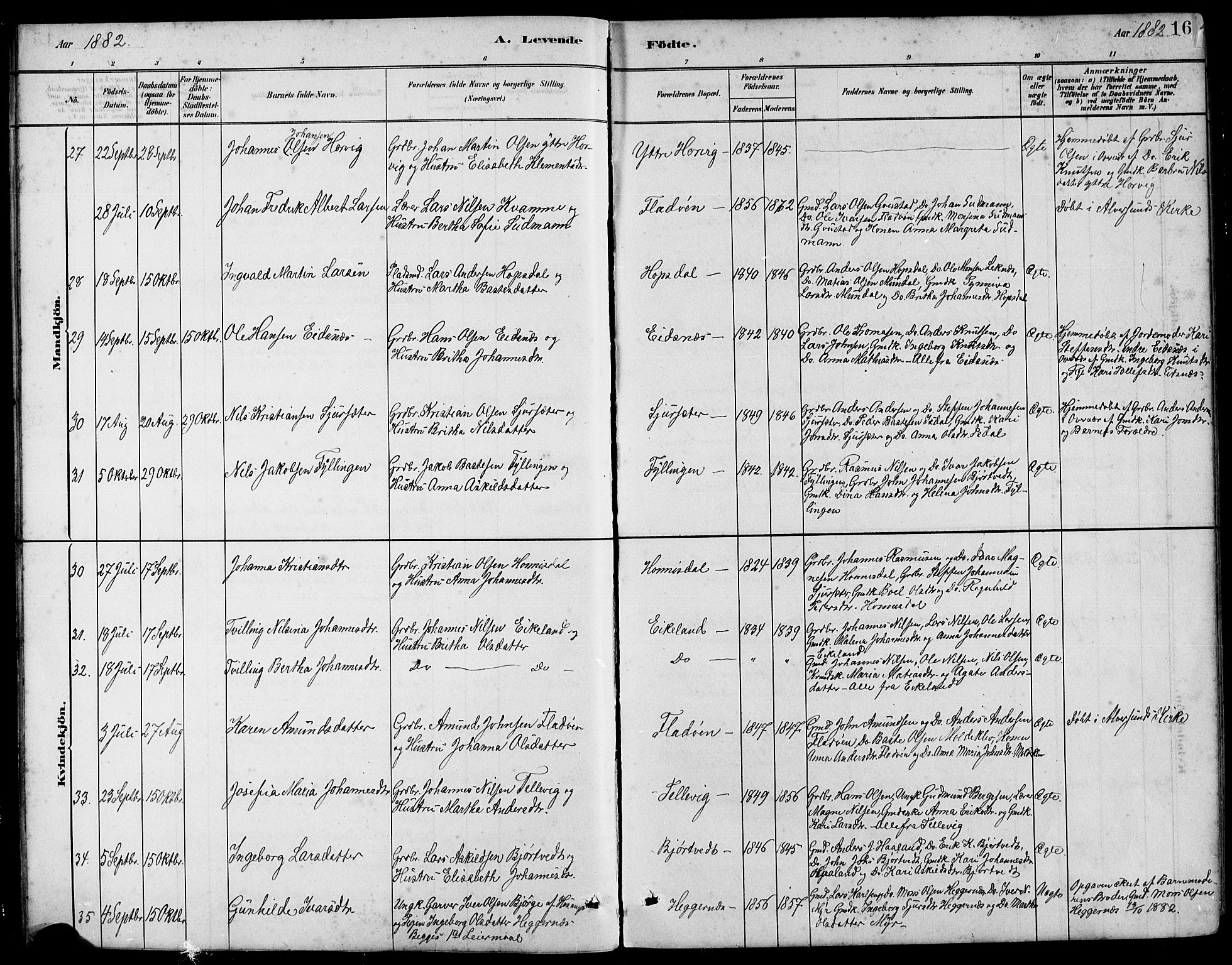 Hamre sokneprestembete, AV/SAB-A-75501/H/Ha/Hab: Parish register (copy) no. B 3, 1881-1898, p. 16