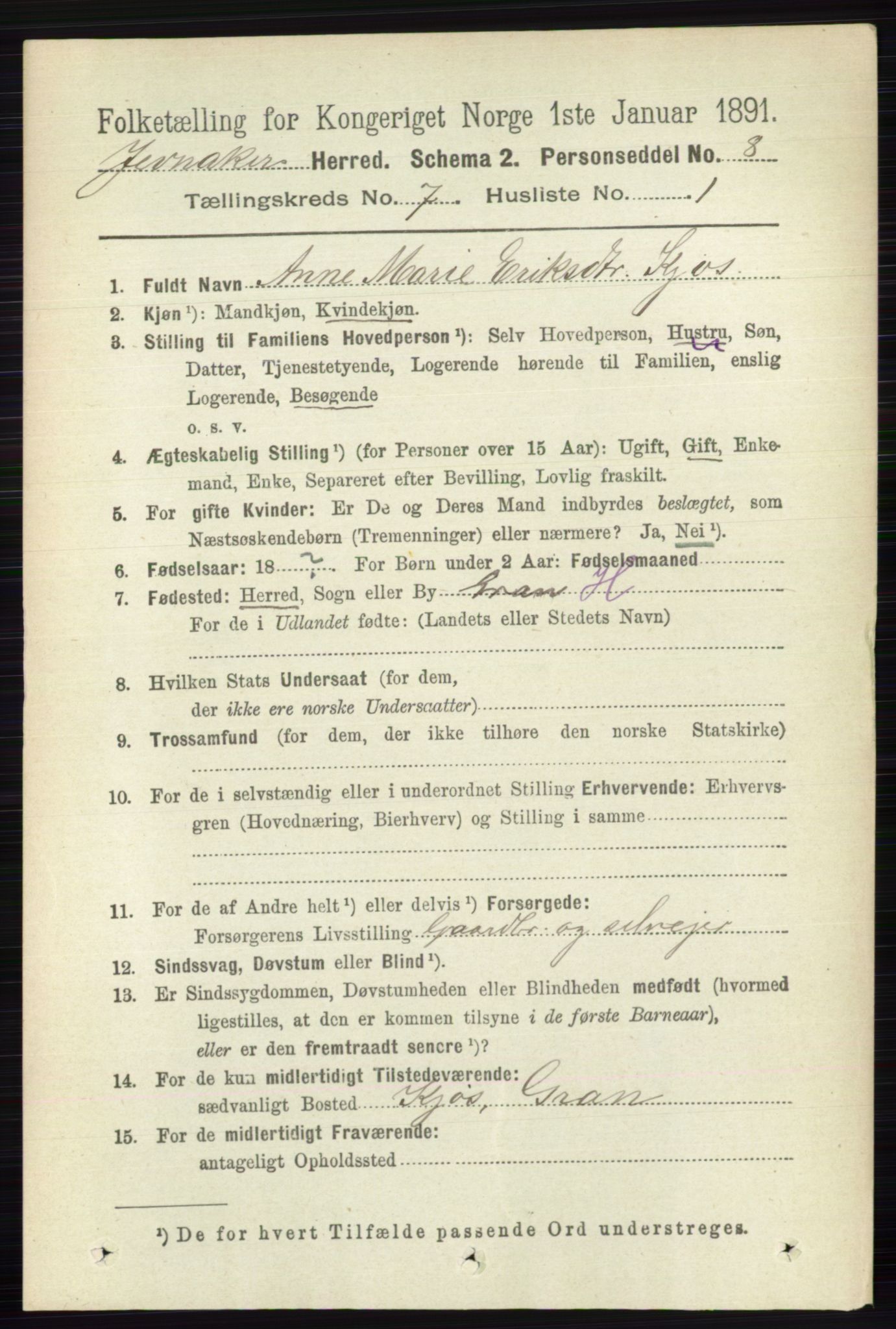 RA, 1891 census for 0532 Jevnaker, 1891, p. 3742