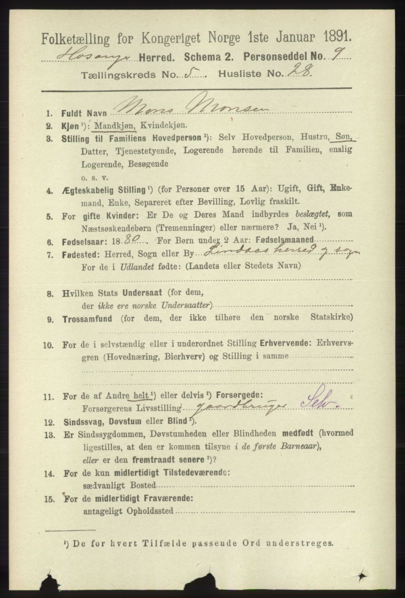 RA, 1891 census for 1253 Hosanger, 1891, p. 1990