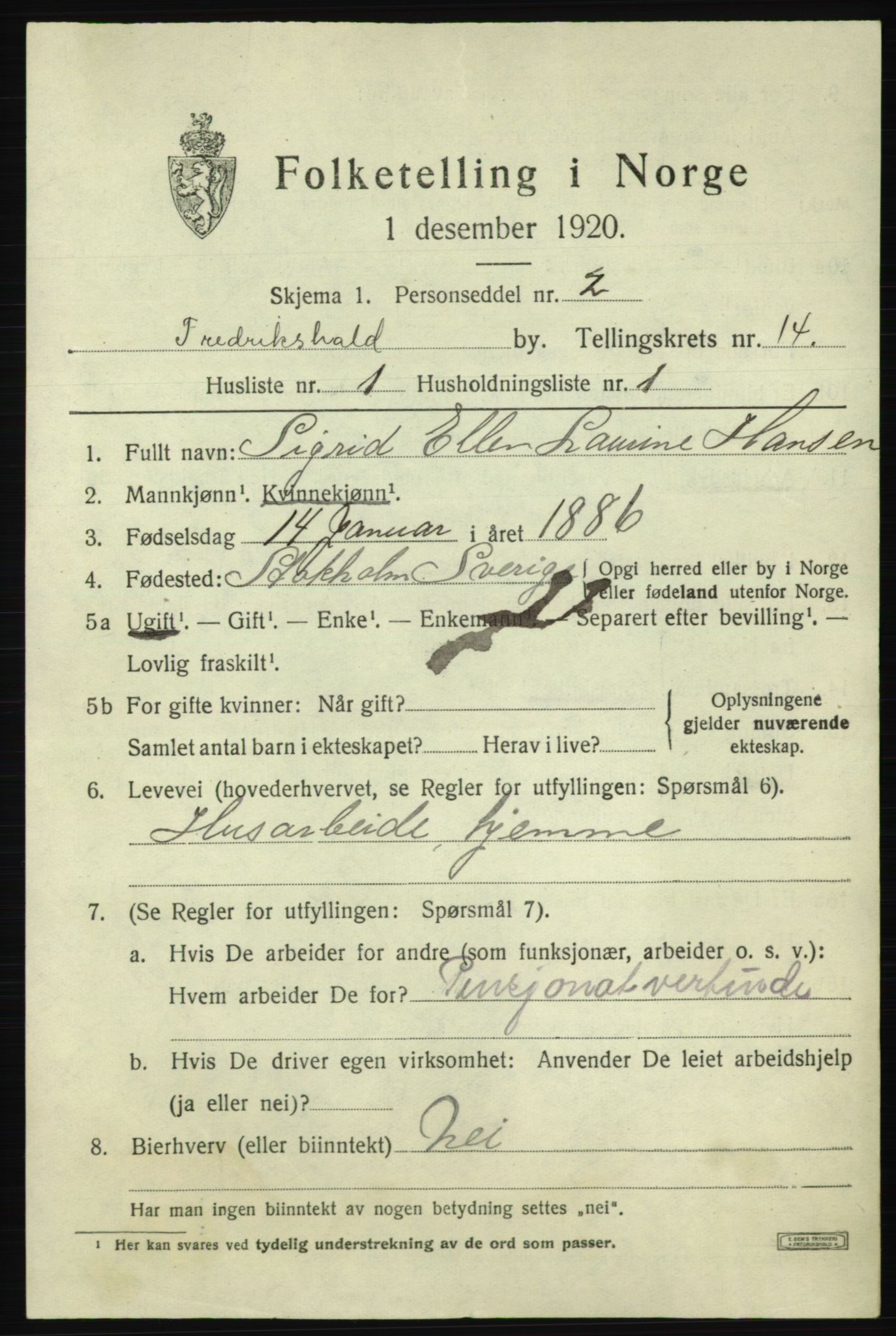 SAO, 1920 census for Fredrikshald, 1920, p. 22165