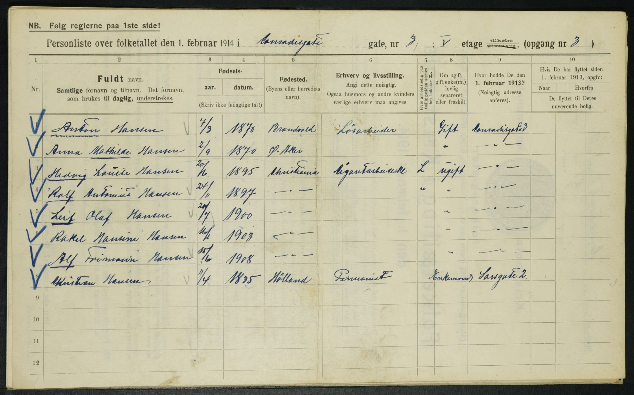 OBA, Municipal Census 1914 for Kristiania, 1914, p. 13548