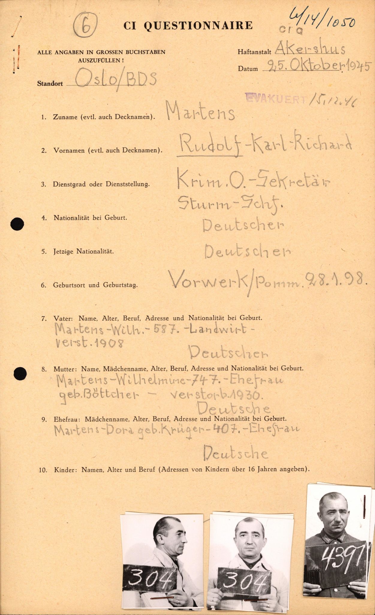 Forsvaret, Forsvarets overkommando II, AV/RA-RAFA-3915/D/Db/L0021: CI Questionaires. Tyske okkupasjonsstyrker i Norge. Tyskere., 1945-1946, p. 170