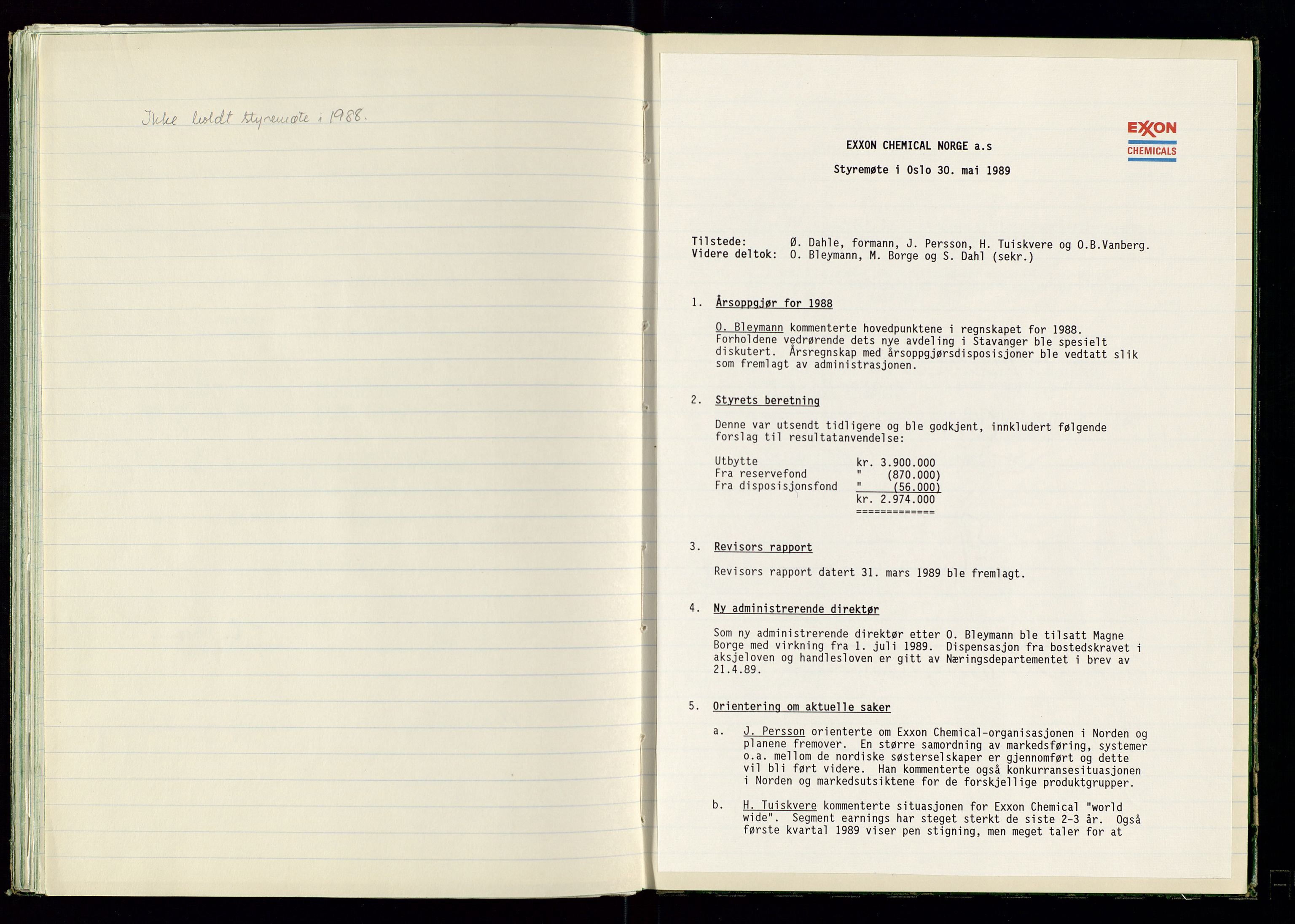 PA 1538 - Exxon Chemical Norge A/S, SAST/A-101958/A/Aa/L0001/0001: Generalforsamlinger og styreprotokoller / Styreprotokoll, 1966-1996