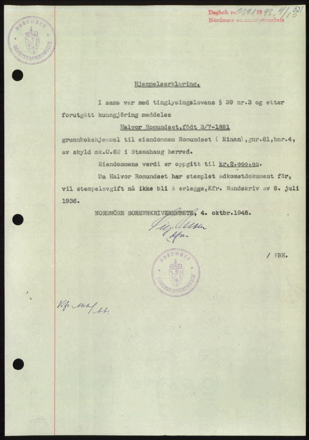 Nordmøre sorenskriveri, AV/SAT-A-4132/1/2/2Ca: Mortgage book no. A109, 1948-1948, Diary no: : 2821/1948