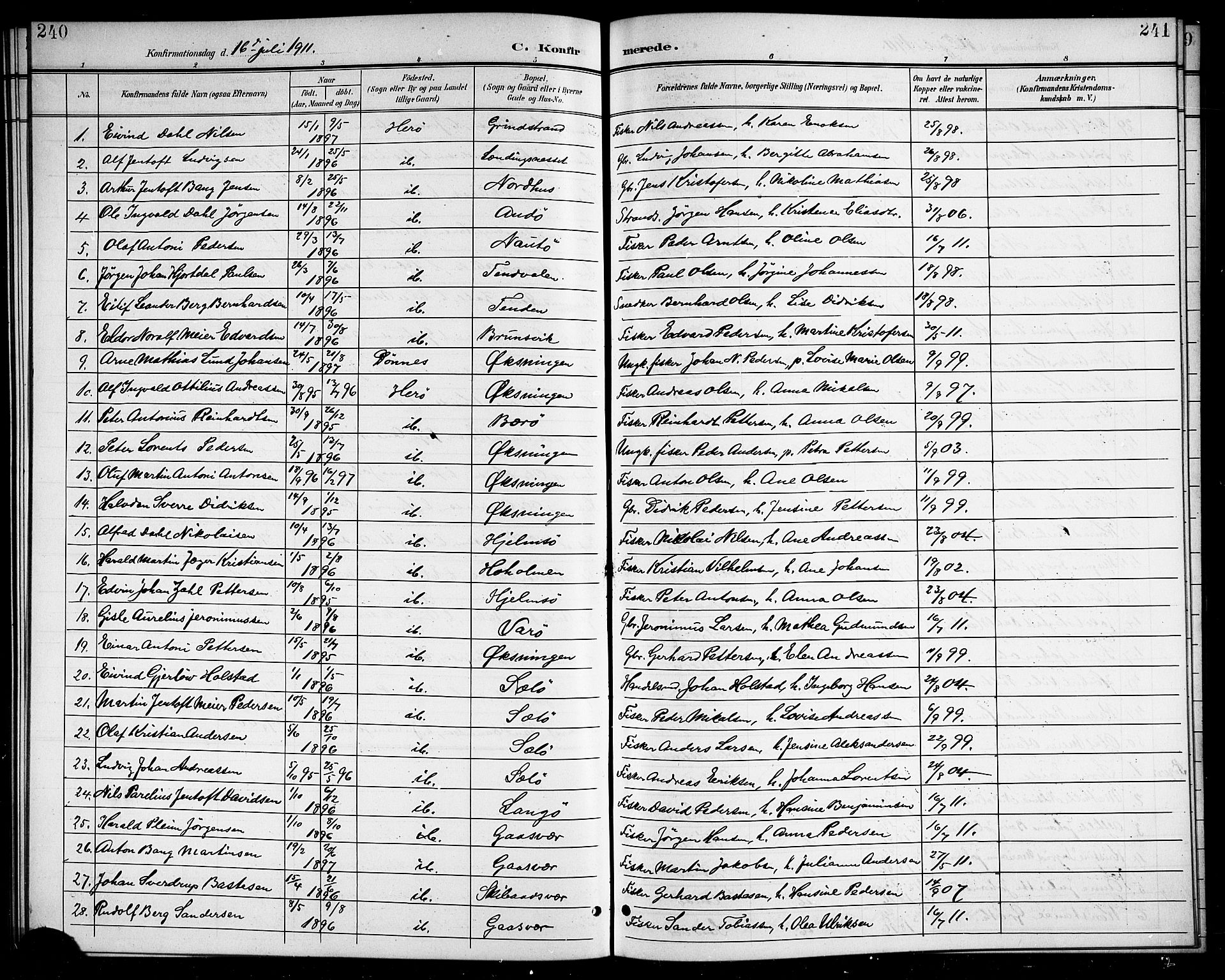 Ministerialprotokoller, klokkerbøker og fødselsregistre - Nordland, SAT/A-1459/834/L0516: Parish register (copy) no. 834C06, 1902-1918, p. 240-241