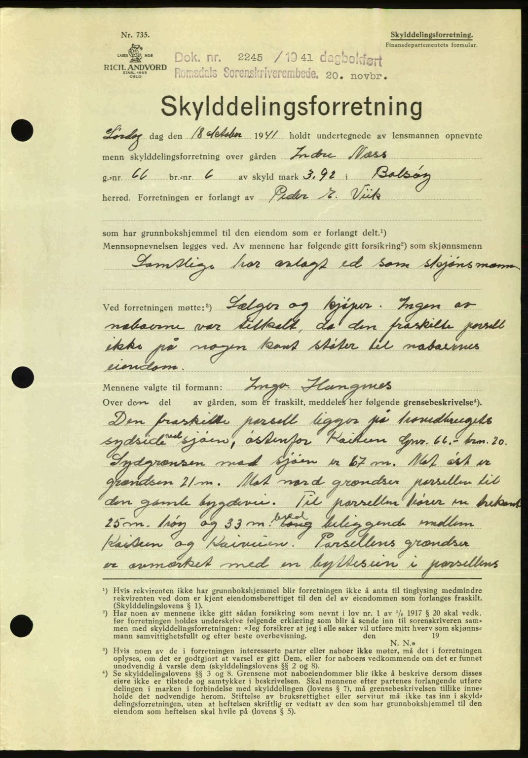 Romsdal sorenskriveri, AV/SAT-A-4149/1/2/2C: Mortgage book no. A11, 1941-1942, Diary no: : 2245/1941