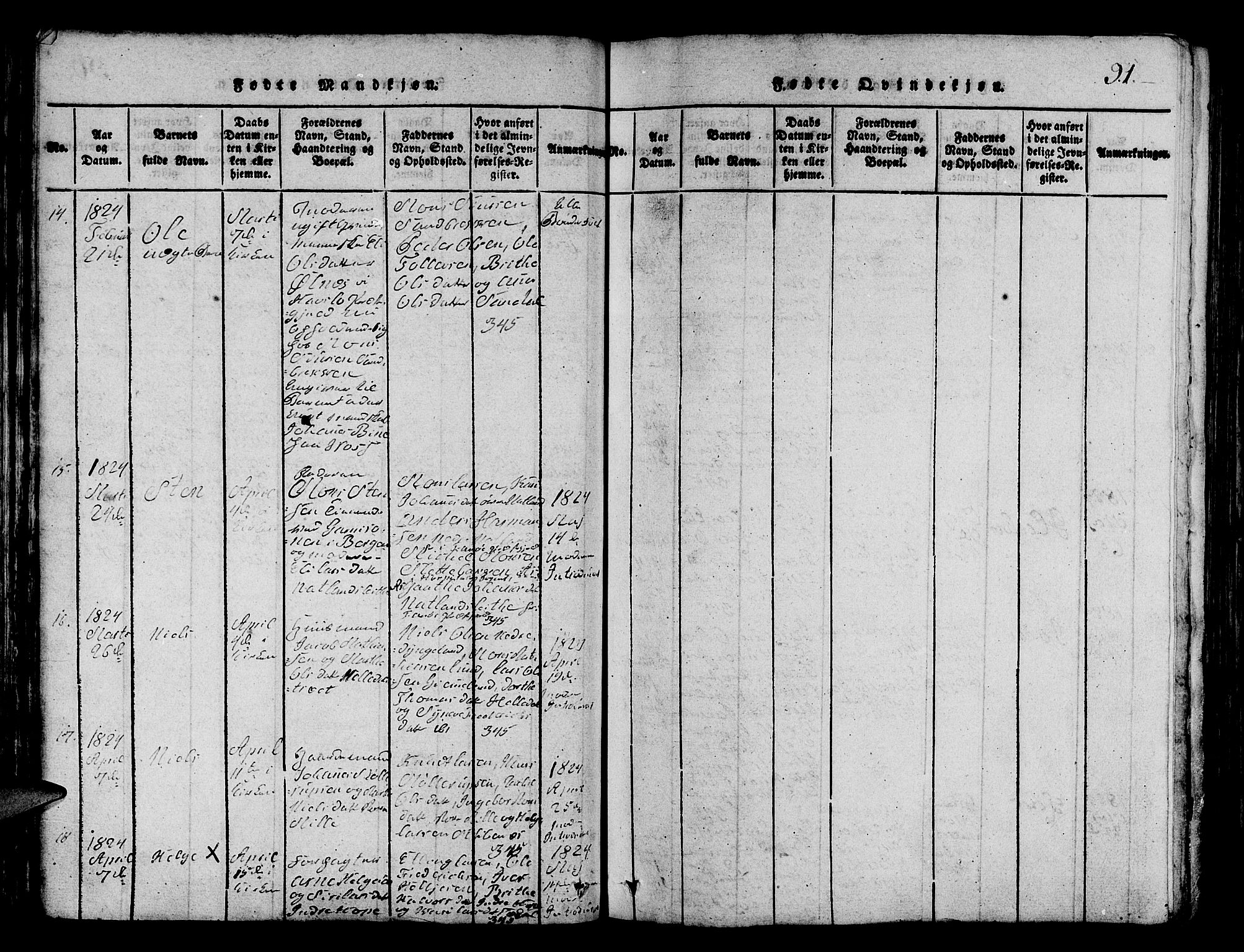 Fana Sokneprestembete, SAB/A-75101/H/Hab/Haba/L0001: Parish register (copy) no. A 1, 1816-1836, p. 91