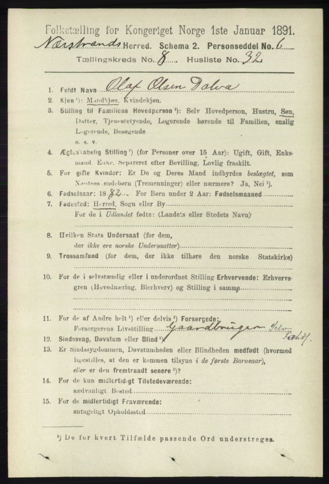 RA, 1891 census for 1139 Nedstrand, 1891, p. 1571