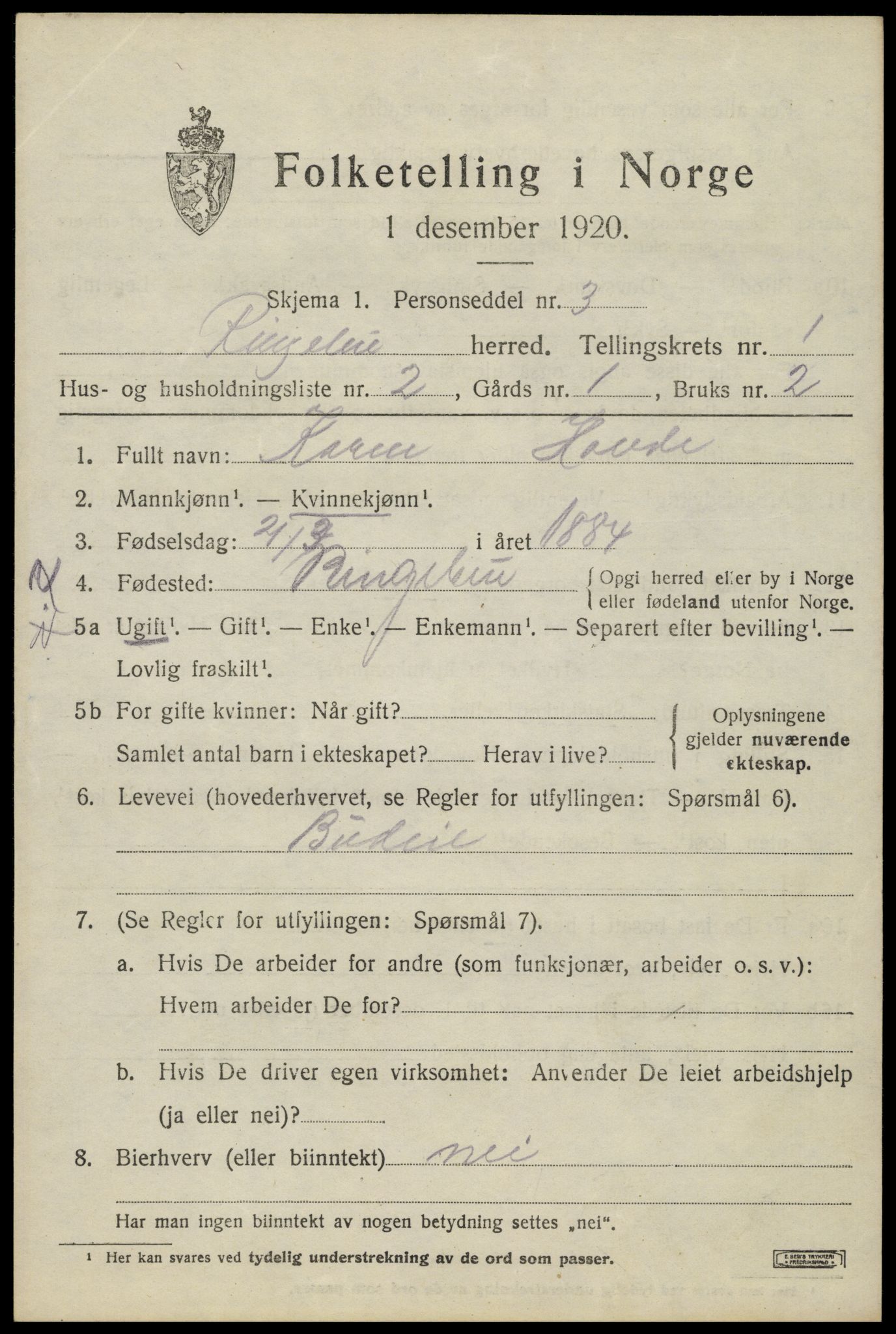 SAH, 1920 census for Ringebu, 1920, p. 1687