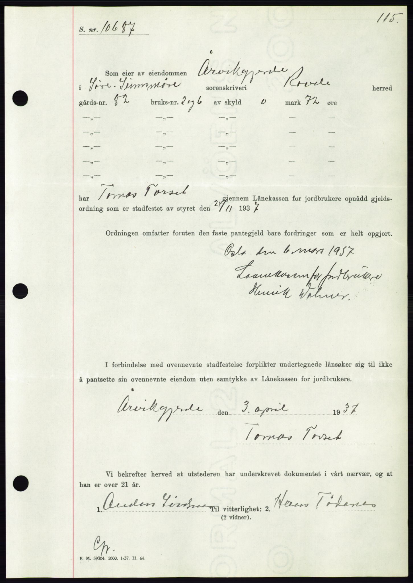 Søre Sunnmøre sorenskriveri, AV/SAT-A-4122/1/2/2C/L0063: Mortgage book no. 57, 1937-1937, Diary no: : 705/1937