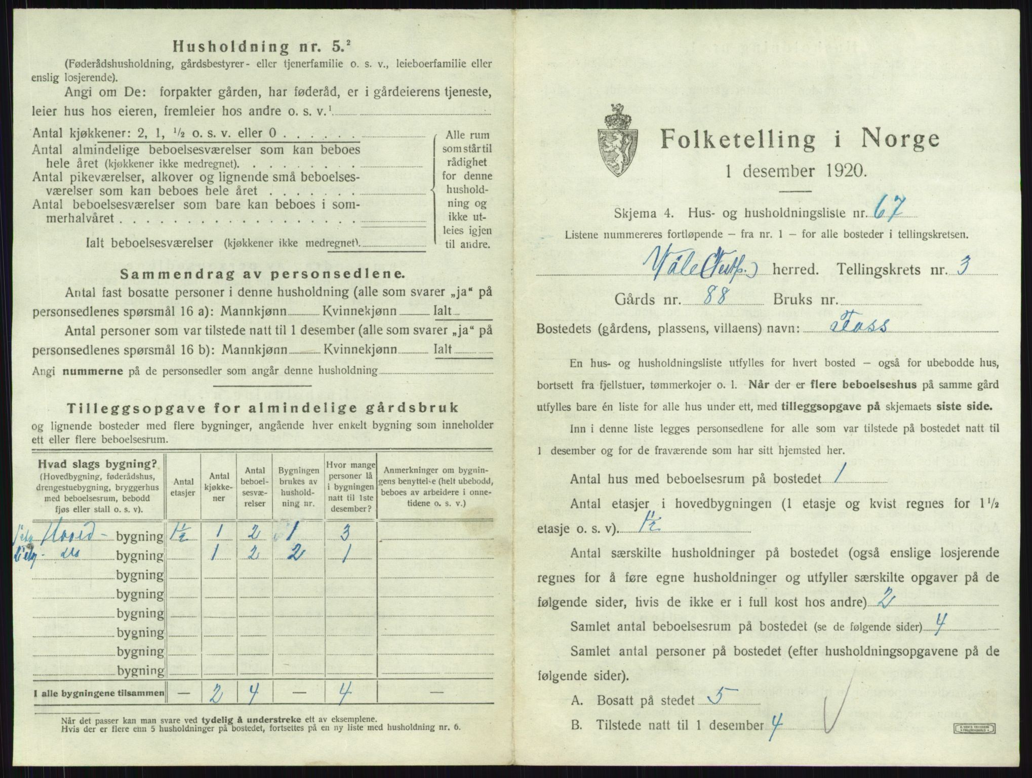 SAKO, 1920 census for Våle, 1920, p. 397