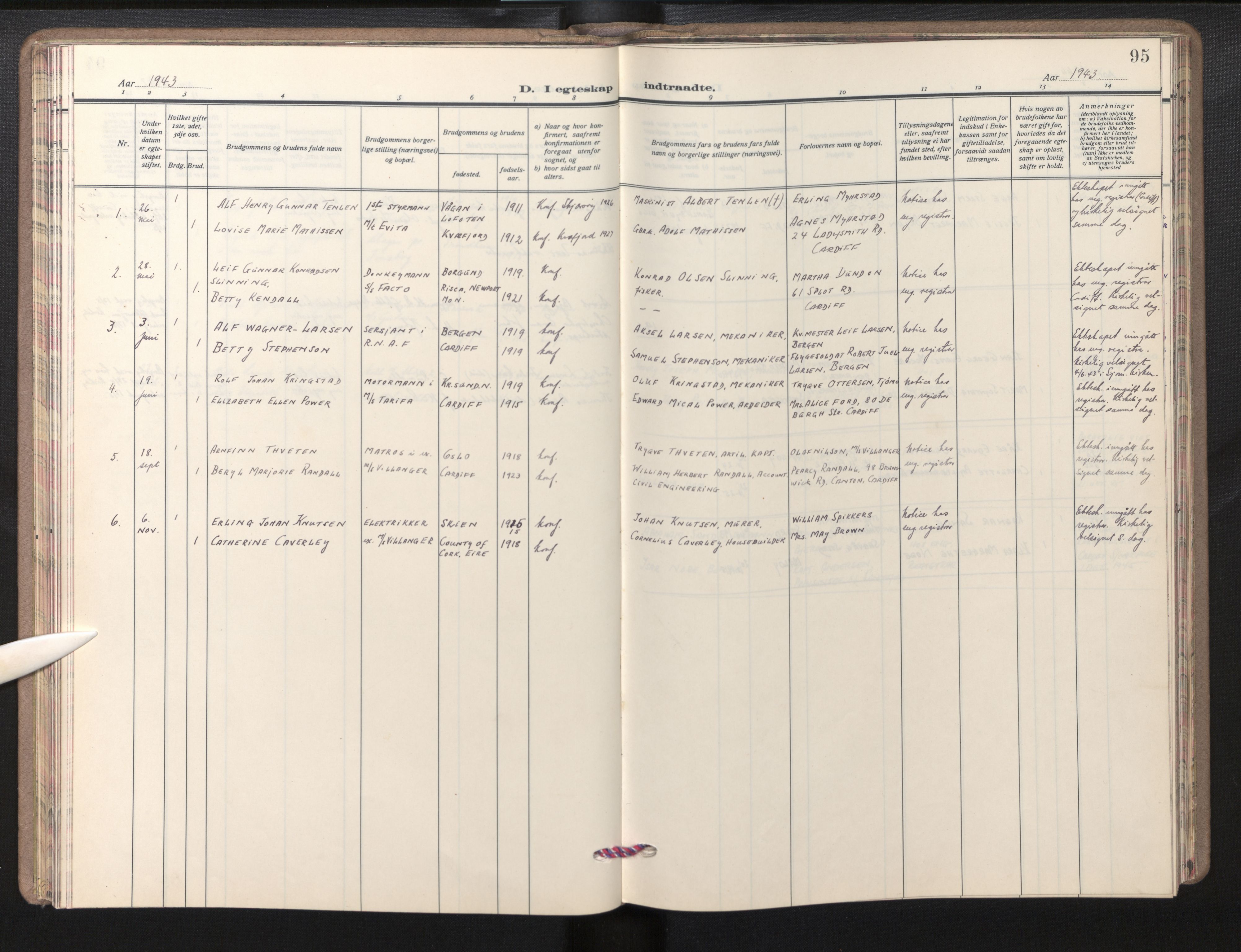 Den norske sjømannsmisjon i utlandet/Bristolhavnene(Cardiff-Swansea), SAB/SAB/PA-0102/H/Ha/Haa/L0003: Parish register (official) no. A 3, 1932-1966, p. 94b-95a