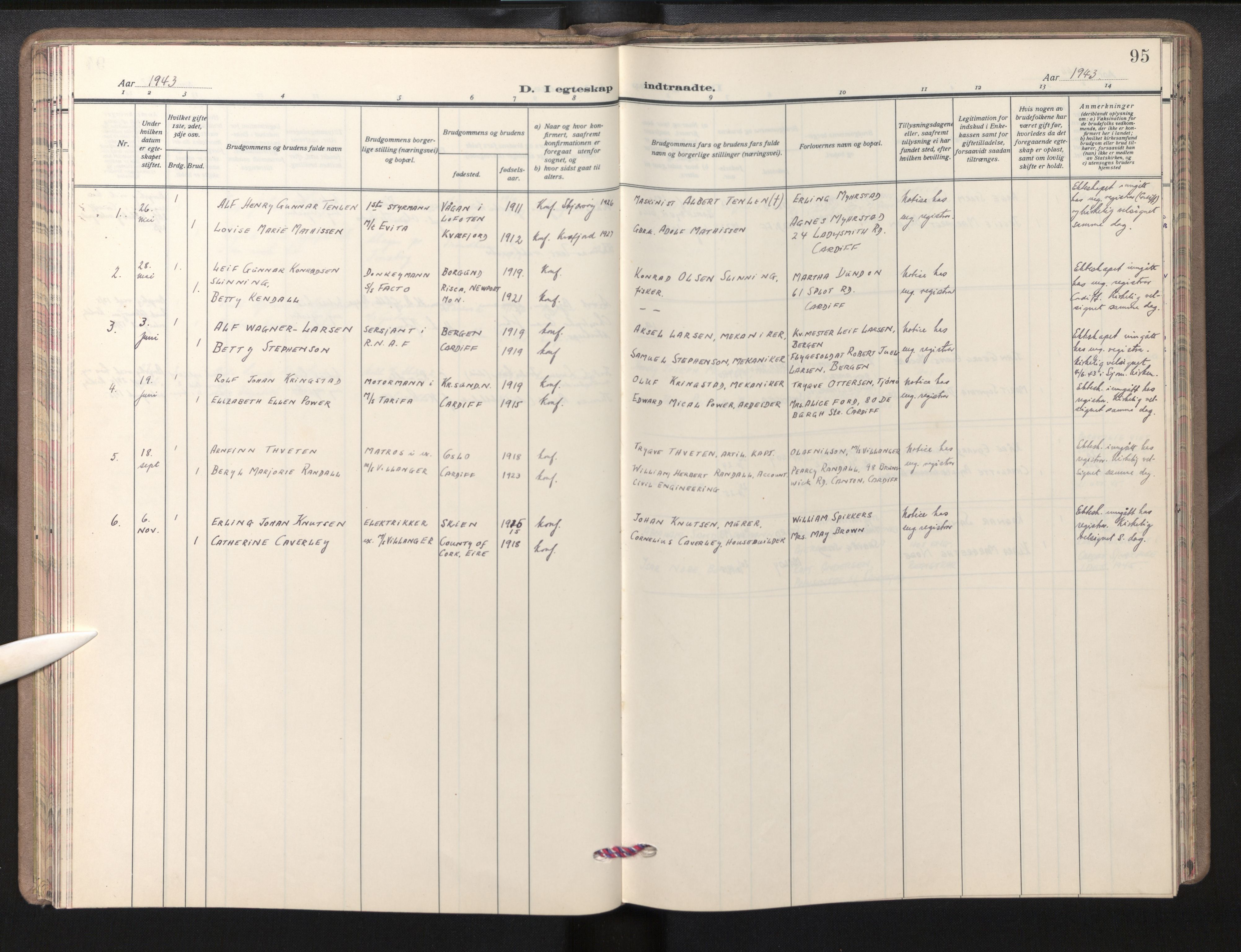 Den norske sjømannsmisjon i utlandet/Bristolhavnene (Cardiff-Swansea), AV/SAB-SAB/PA-0102/H/Ha/Haa/L0003: Parish register (official) no. A 3, 1932-1966, p. 94b-95a
