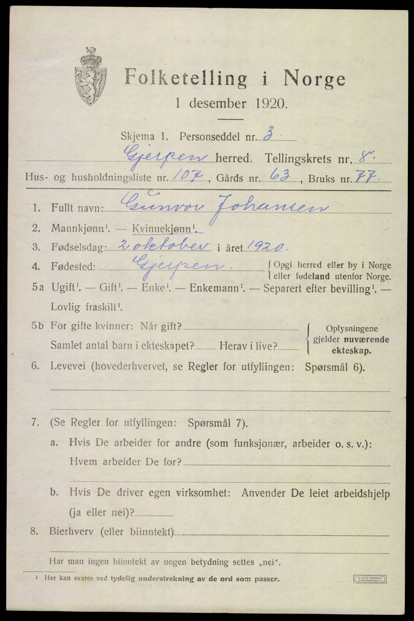 SAKO, 1920 census for Gjerpen, 1920, p. 10774