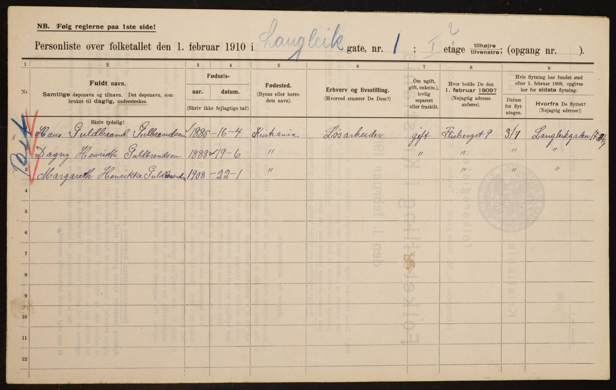 OBA, Municipal Census 1910 for Kristiania, 1910, p. 54899