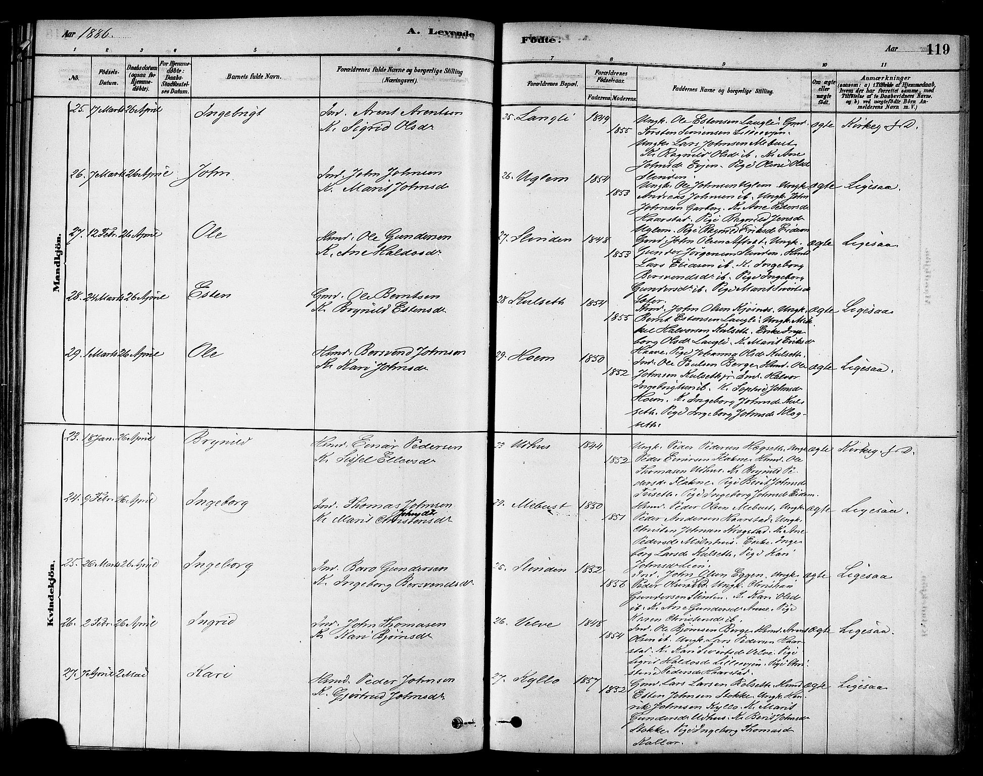 Ministerialprotokoller, klokkerbøker og fødselsregistre - Sør-Trøndelag, AV/SAT-A-1456/695/L1148: Parish register (official) no. 695A08, 1878-1891, p. 119