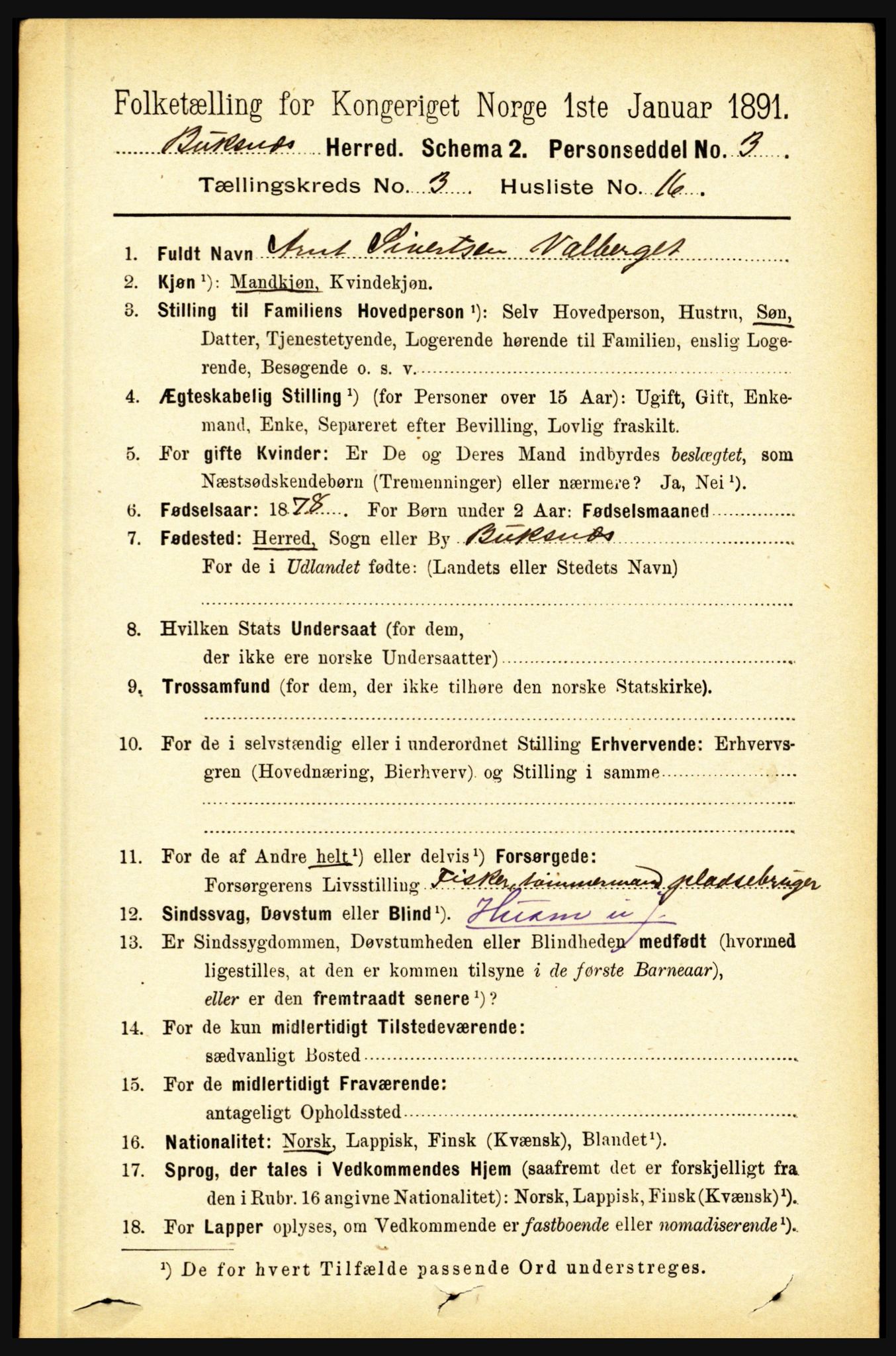 RA, 1891 census for 1860 Buksnes, 1891, p. 2295