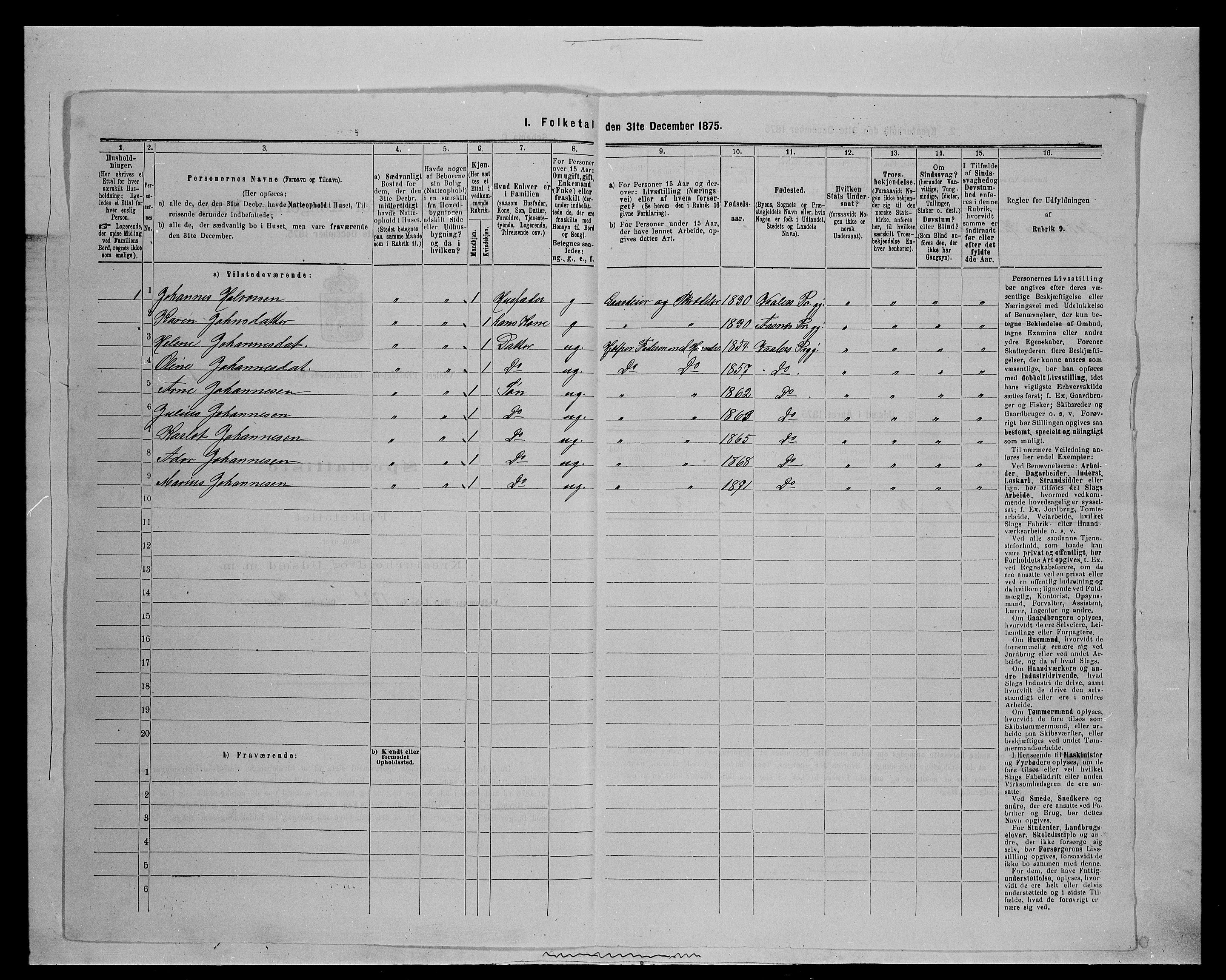 SAH, 1875 census for 0426P Våler parish (Hedmark), 1875, p. 1025