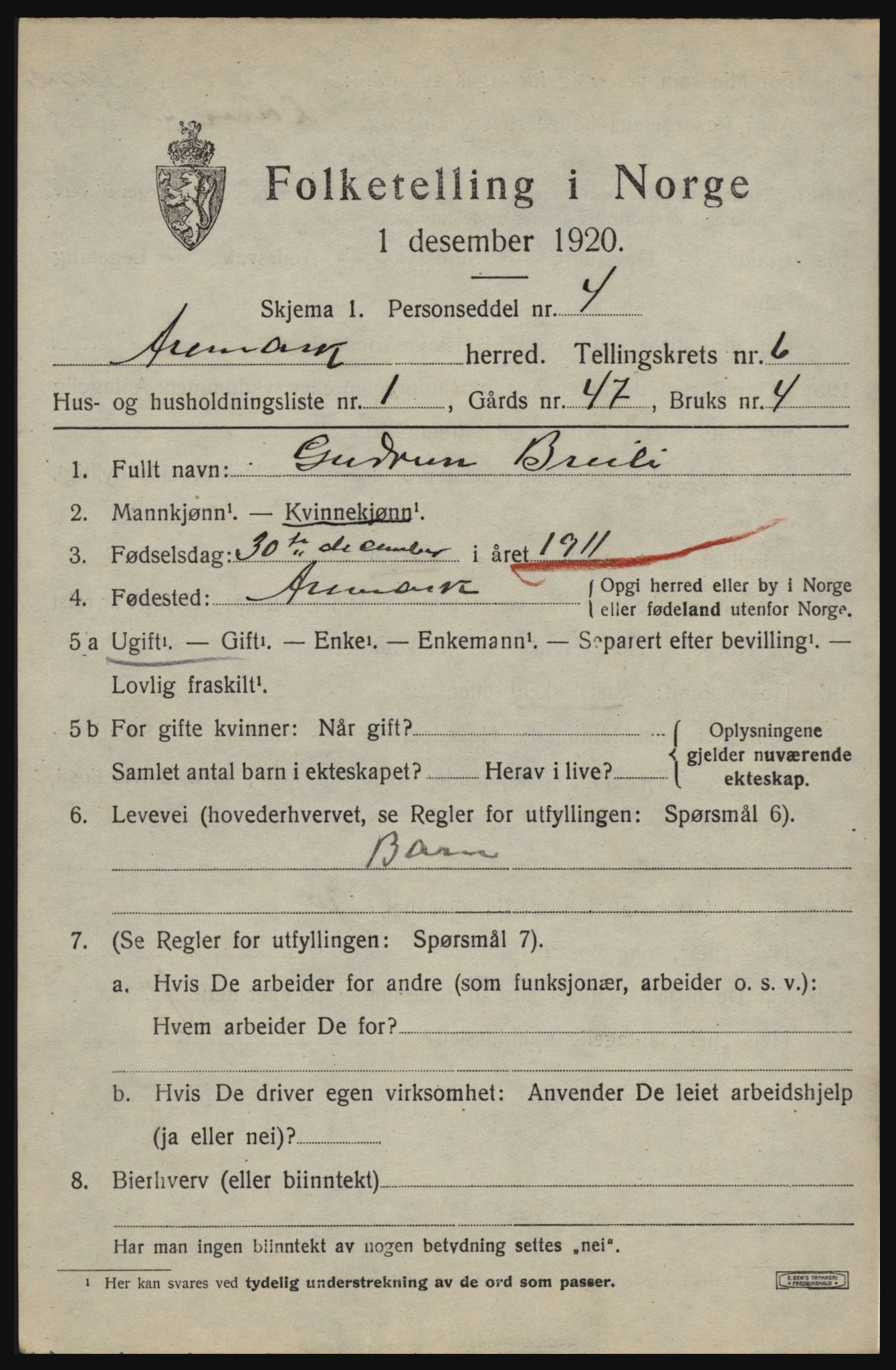 SAO, 1920 census for Aremark, 1920, p. 3729