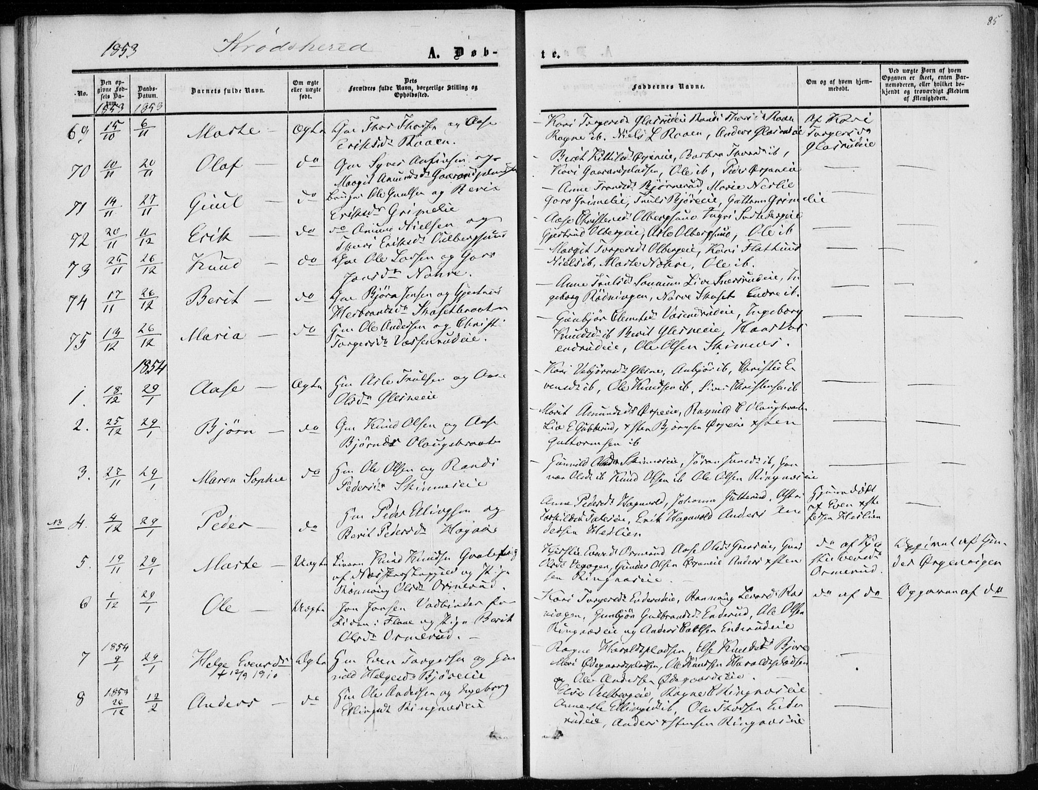 Sigdal kirkebøker, AV/SAKO-A-245/F/Fa/L0008: Parish register (official) no. I 8, 1850-1859, p. 85