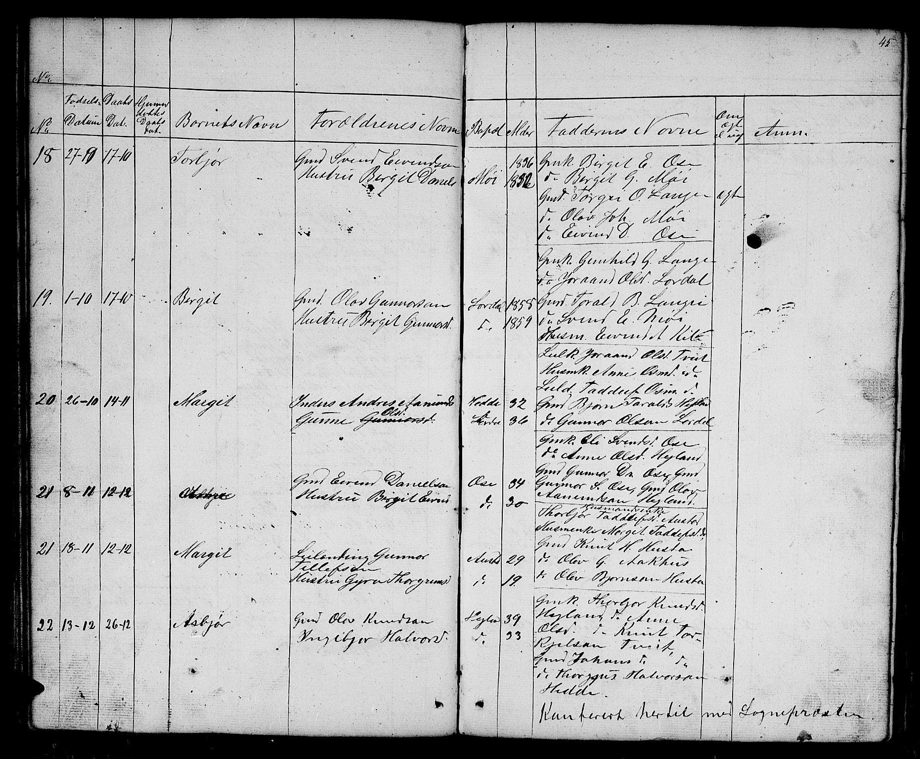 Bygland sokneprestkontor, AV/SAK-1111-0006/F/Fb/Fba/L0001: Parish register (copy) no. B 1, 1848-1886, p. 45