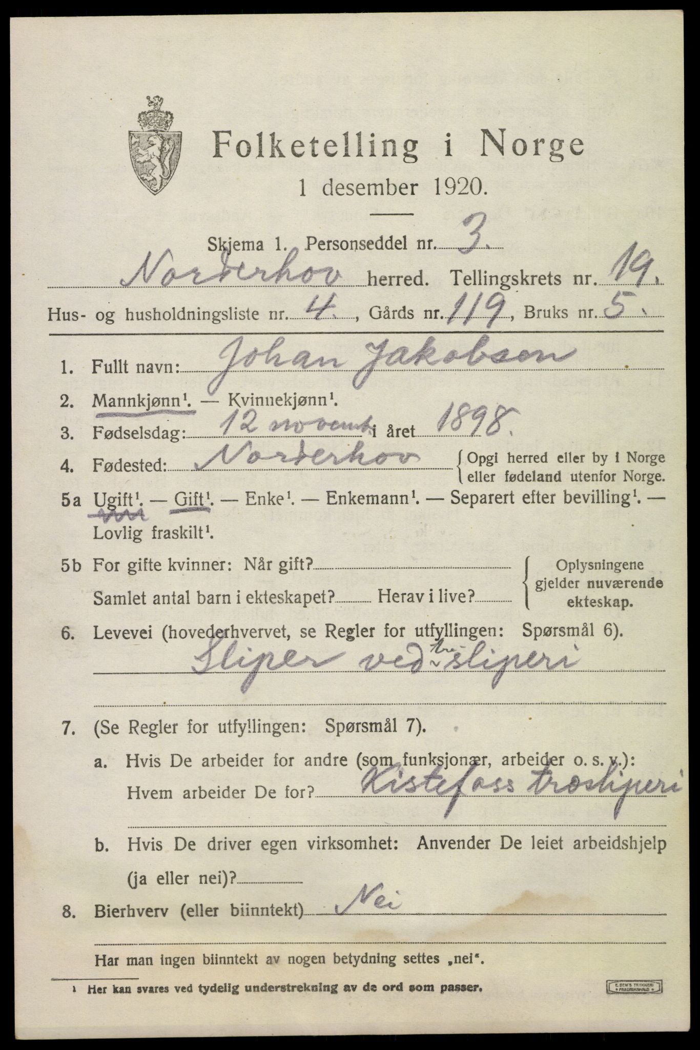 SAKO, 1920 census for Norderhov, 1920, p. 20346