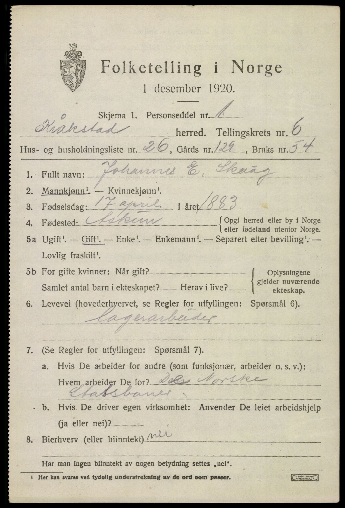 SAO, 1920 census for Kråkstad, 1920, p. 6129