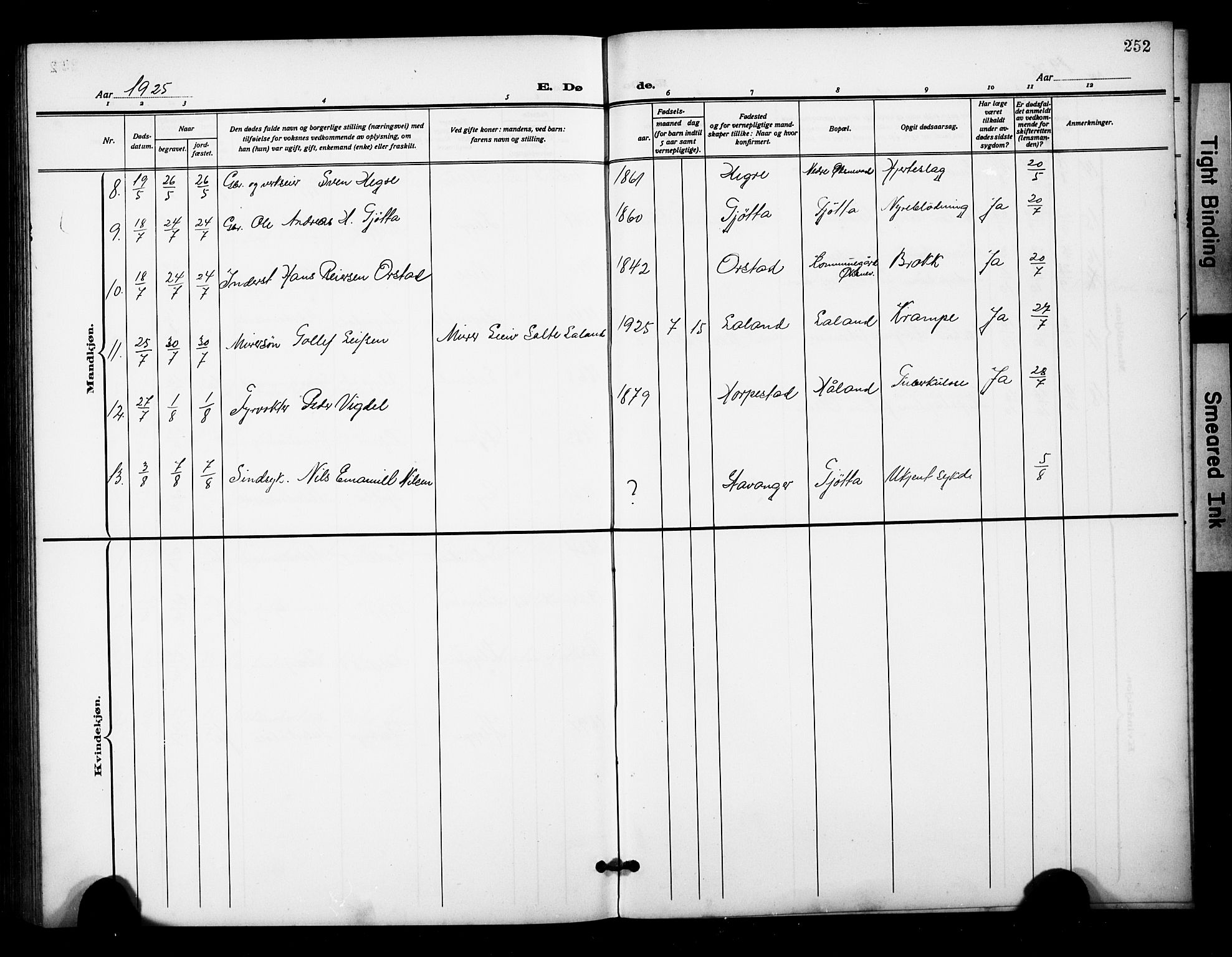 Klepp sokneprestkontor, AV/SAST-A-101803/001/3/30BB/L0007: Parish register (copy) no. B 7, 1908-1934, p. 252