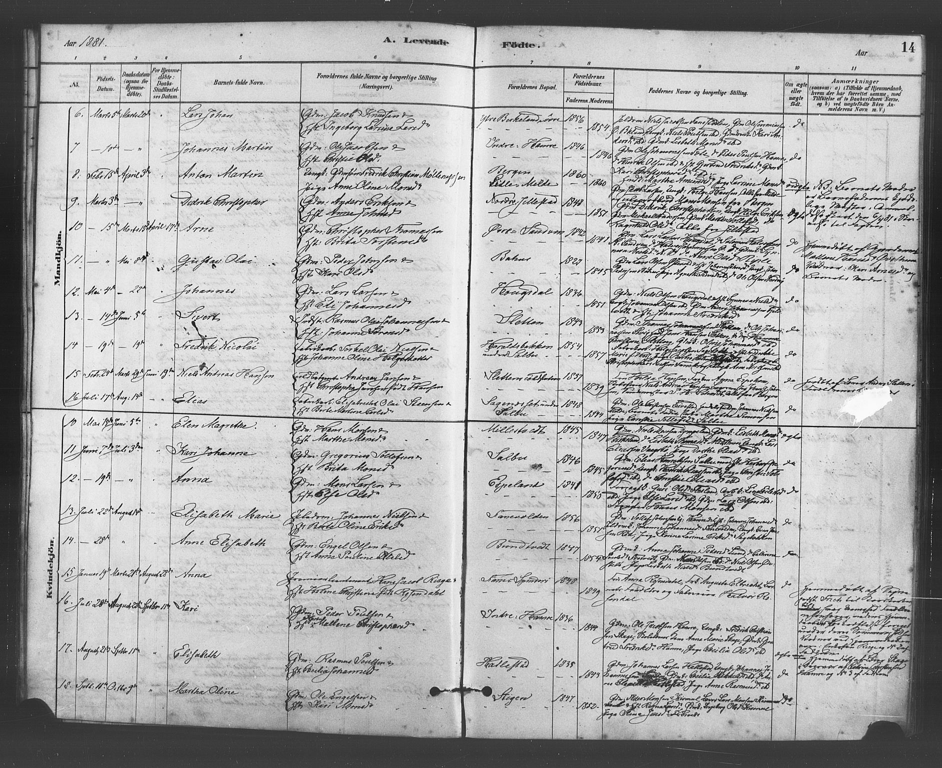 Fana Sokneprestembete, SAB/A-75101/H/Haa/Haab/L0001: Parish register (official) no. B 1, 1878-1889, p. 14