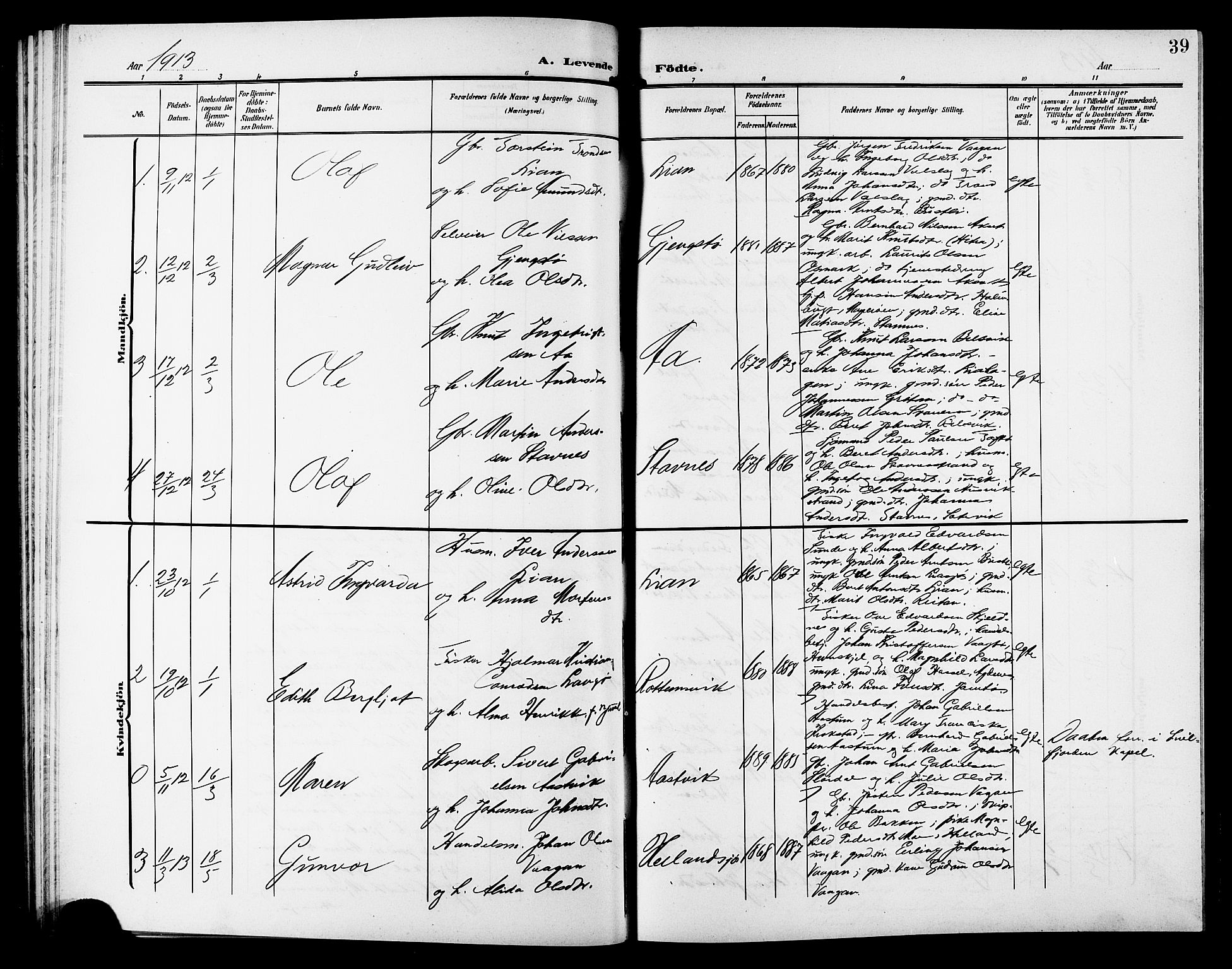Ministerialprotokoller, klokkerbøker og fødselsregistre - Sør-Trøndelag, SAT/A-1456/633/L0520: Parish register (copy) no. 633C02, 1906-1921, p. 39
