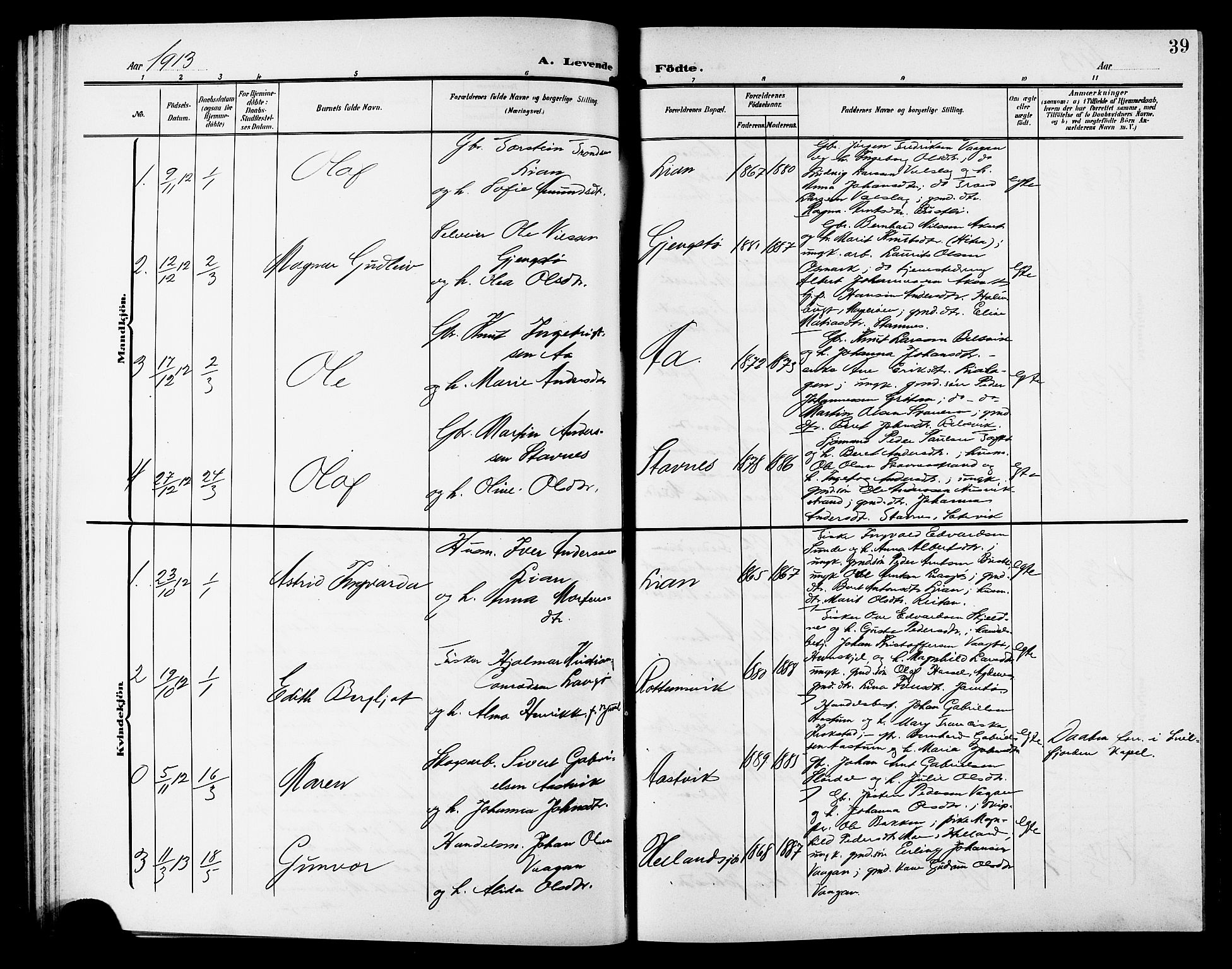 Ministerialprotokoller, klokkerbøker og fødselsregistre - Sør-Trøndelag, AV/SAT-A-1456/633/L0520: Parish register (copy) no. 633C02, 1906-1921, p. 39