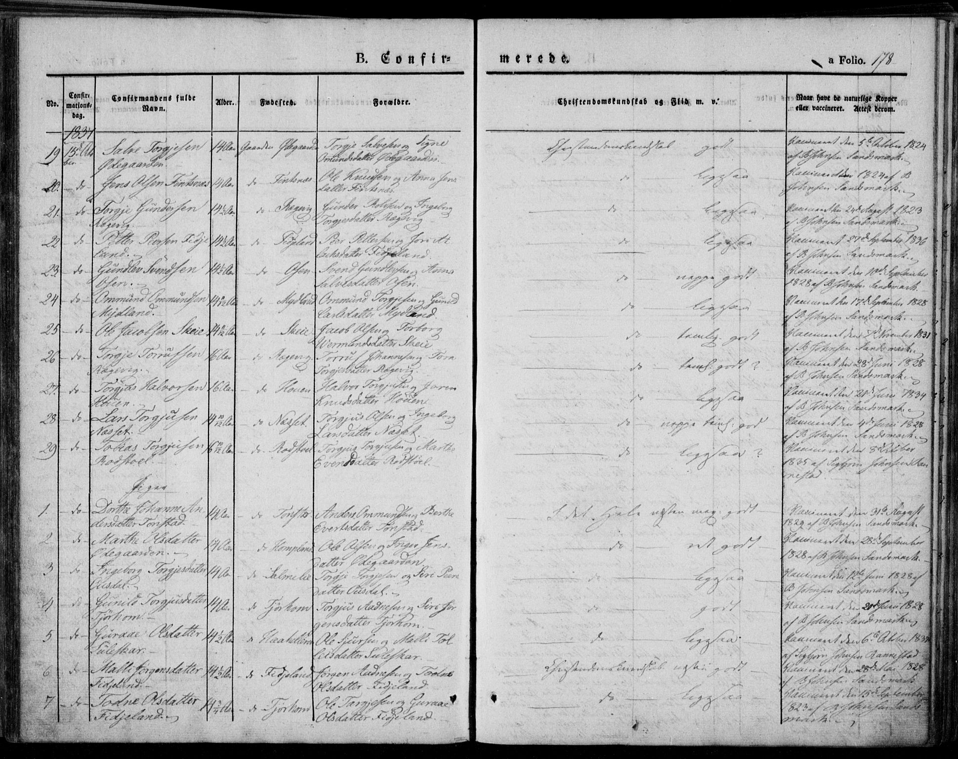 Bakke sokneprestkontor, SAK/1111-0002/F/Fa/Faa/L0004: Parish register (official) no. A 4, 1834-1846, p. 178