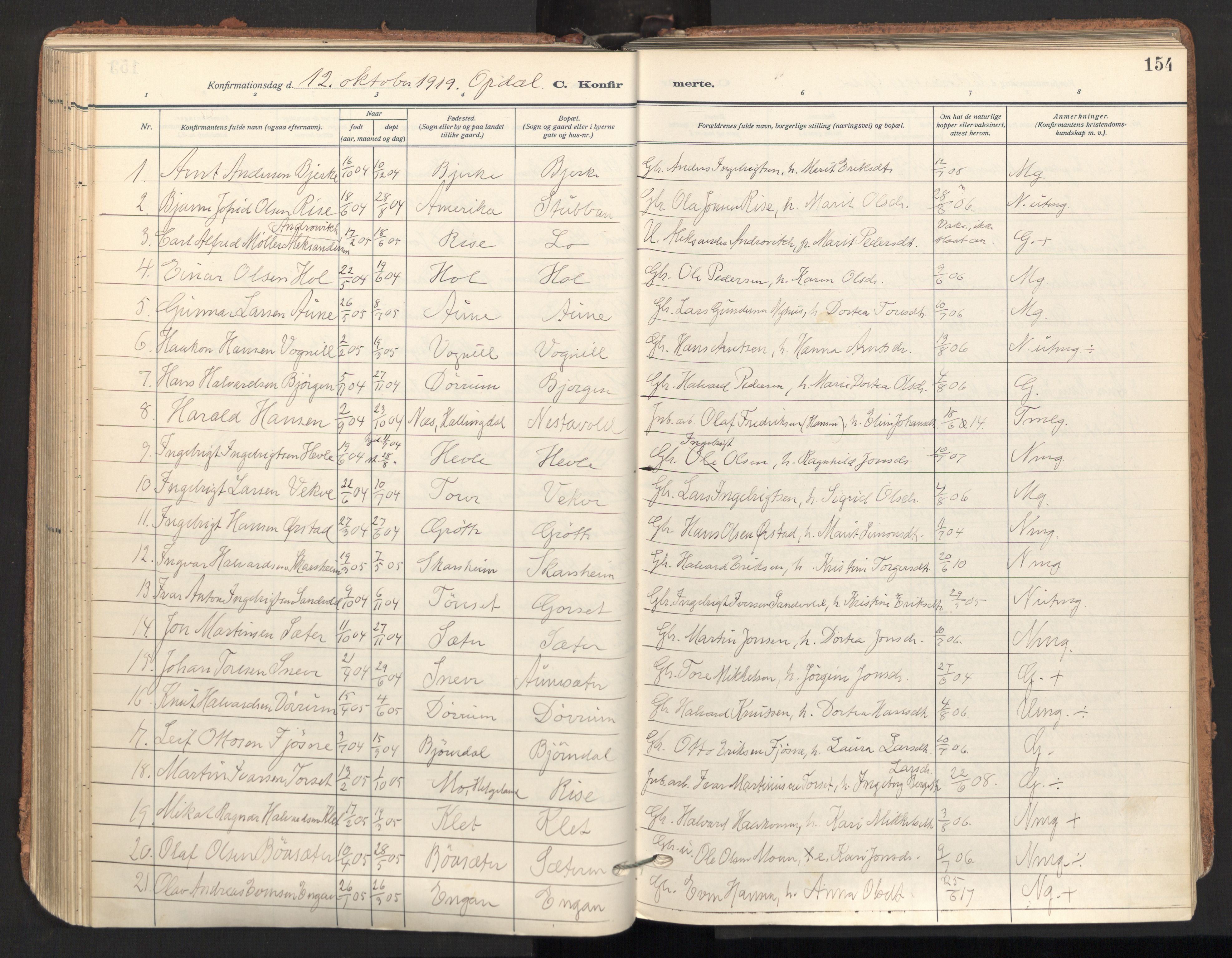 Ministerialprotokoller, klokkerbøker og fødselsregistre - Sør-Trøndelag, AV/SAT-A-1456/678/L0909: Parish register (official) no. 678A17, 1912-1930, p. 154