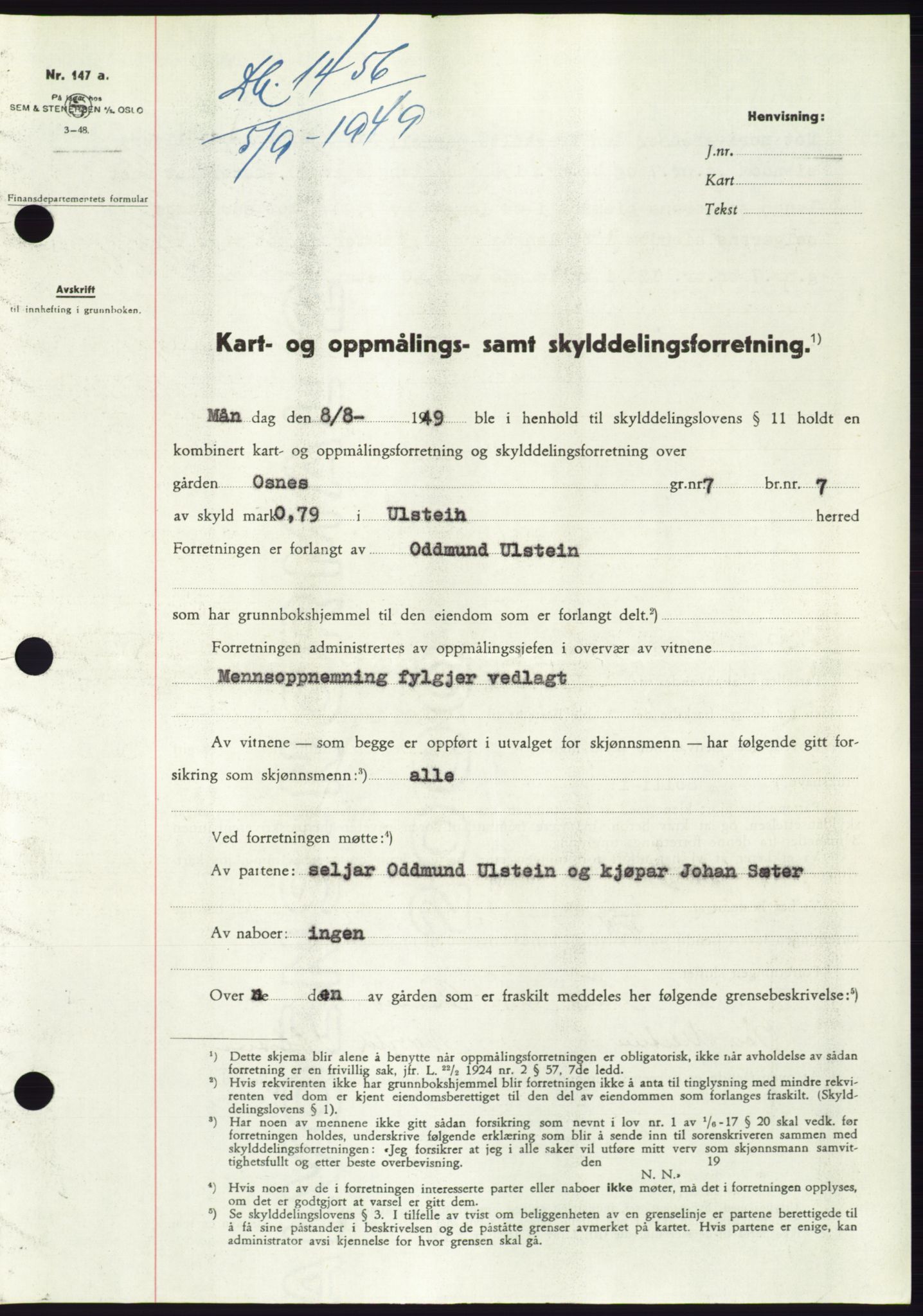 Søre Sunnmøre sorenskriveri, AV/SAT-A-4122/1/2/2C/L0085: Mortgage book no. 11A, 1949-1949, Diary no: : 1456/1949