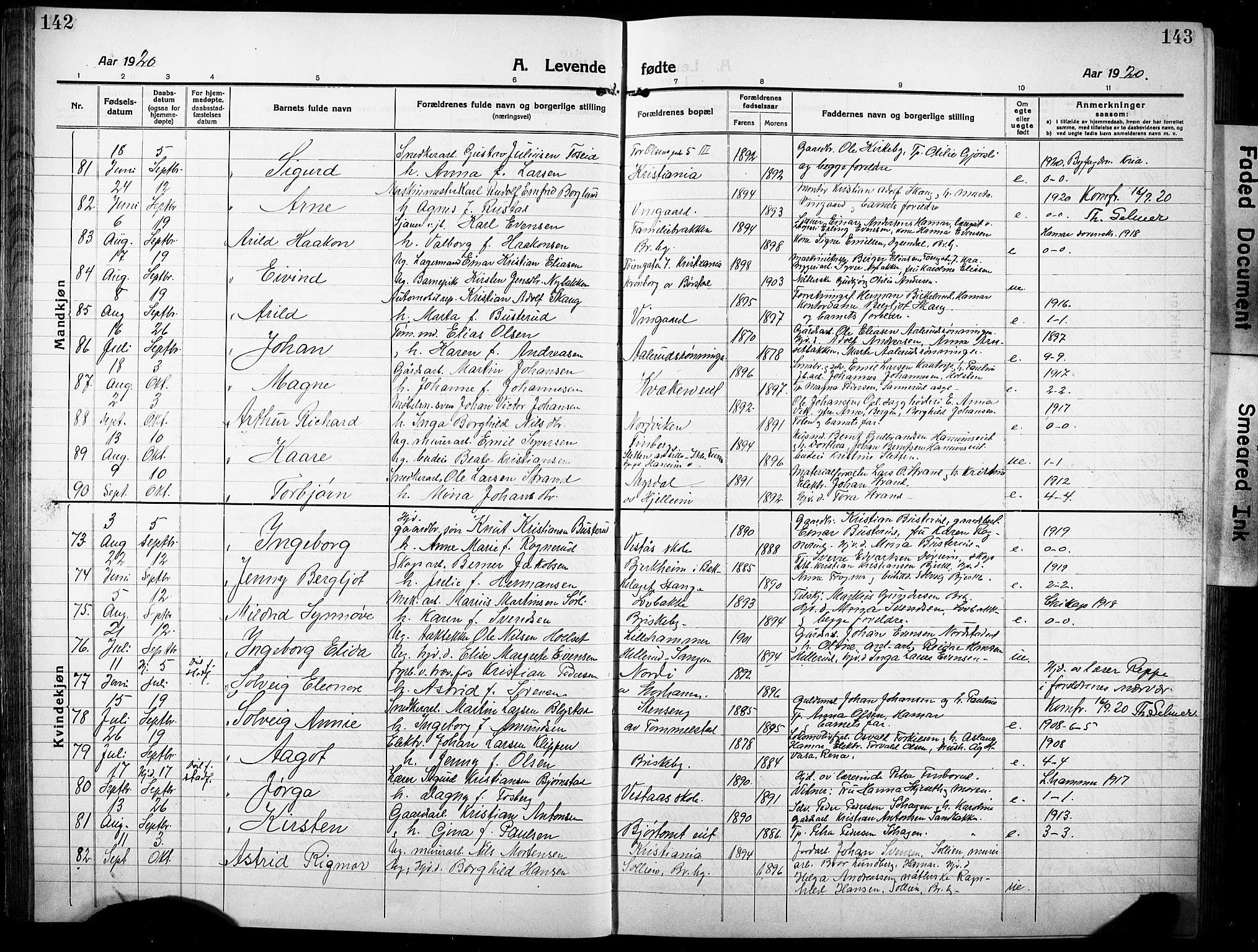Vang prestekontor, Hedmark, SAH/PREST-008/H/Ha/Hab/L0015: Parish register (copy) no. 15, 1915-1933, p. 142-143