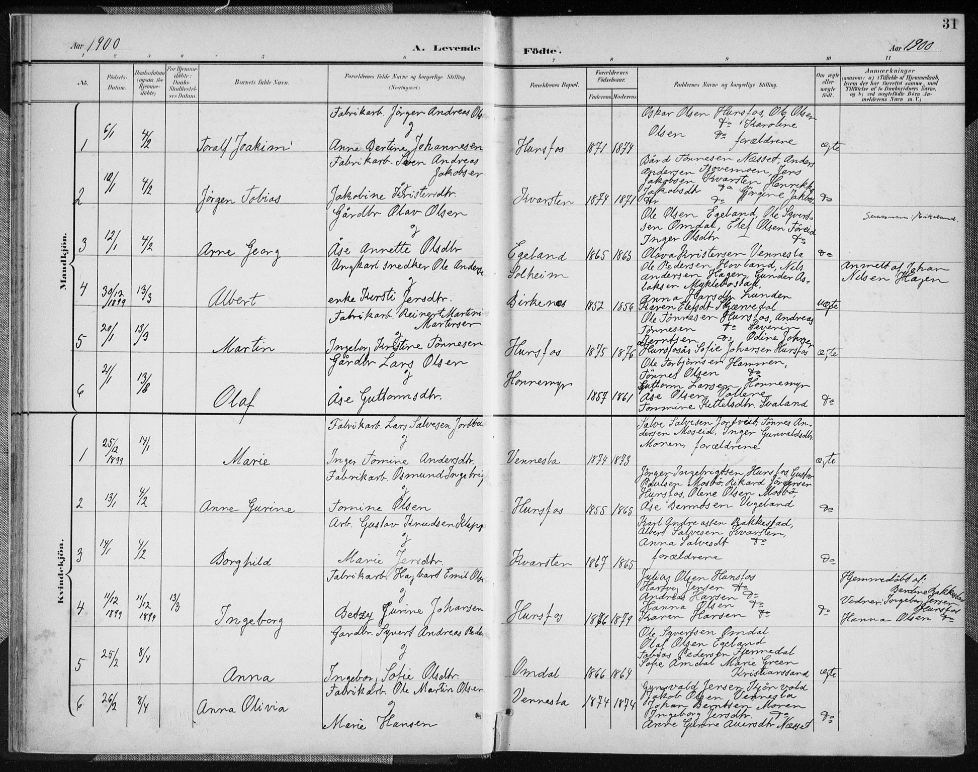 Vennesla sokneprestkontor, AV/SAK-1111-0045/Fa/Fab/L0005: Parish register (official) no. A 5, 1897-1909, p. 31