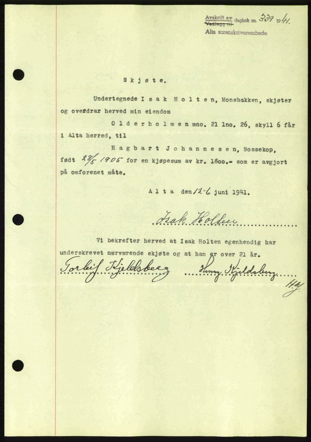 Alta fogderi/sorenskriveri, SATØ/SATØ-5/1/K/Kd/L0033pantebok: Mortgage book no. 33, 1940-1943, Diary no: : 339/1941