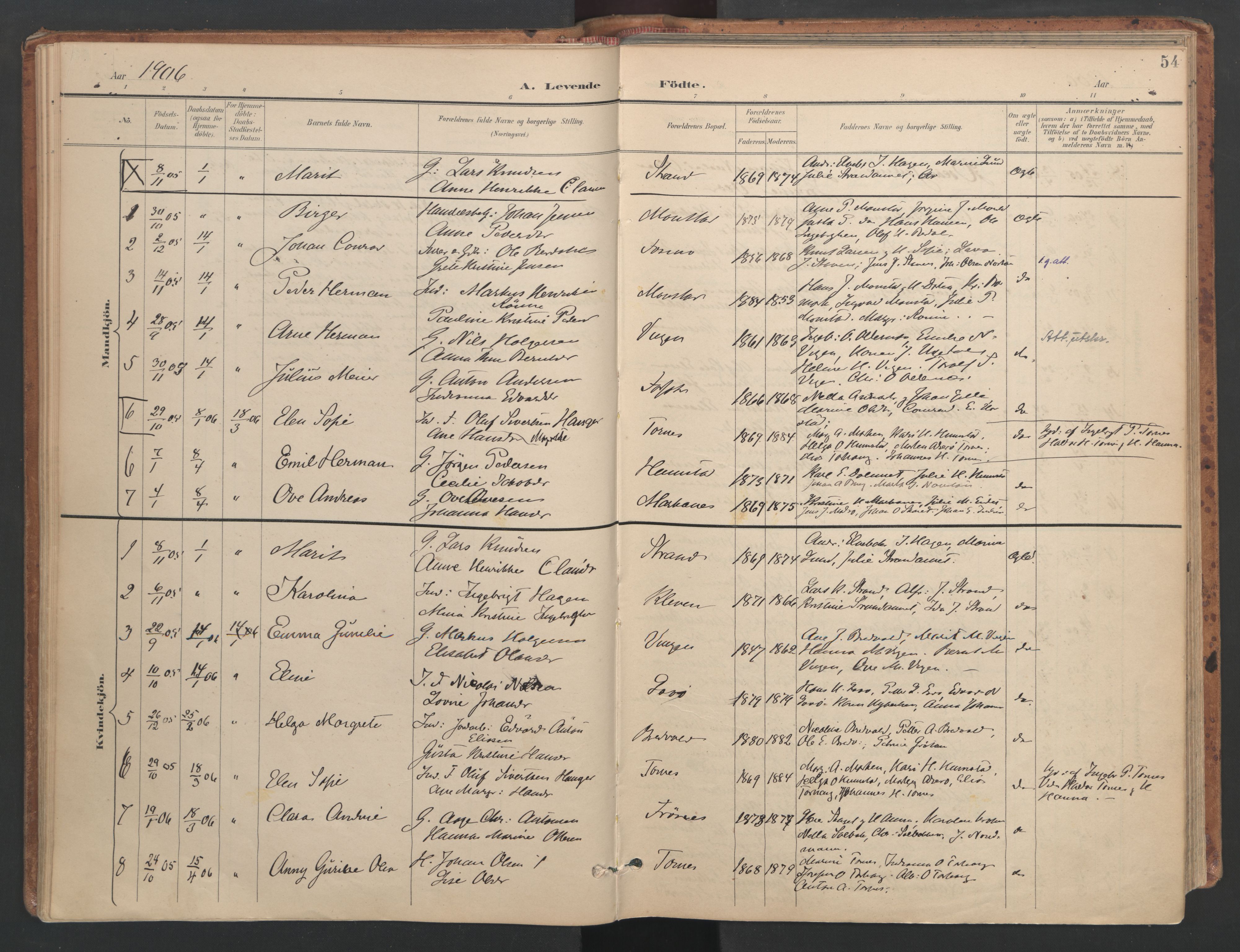Ministerialprotokoller, klokkerbøker og fødselsregistre - Sør-Trøndelag, SAT/A-1456/655/L0681: Parish register (official) no. 655A10, 1895-1907, p. 54