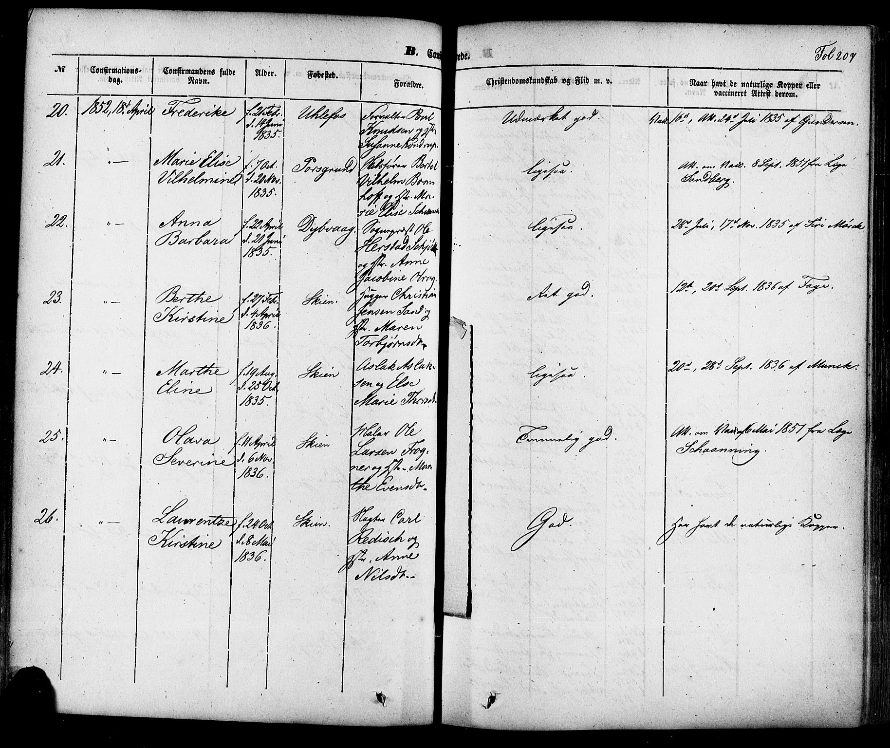 Skien kirkebøker, AV/SAKO-A-302/F/Fa/L0006a: Parish register (official) no. 6A, 1843-1856, p. 207