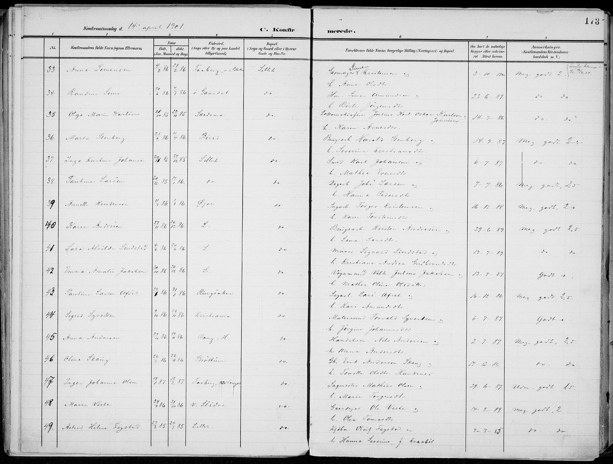 Lillehammer prestekontor, SAH/PREST-088/H/Ha/Haa/L0001: Parish register (official) no. 1, 1901-1916, p. 173