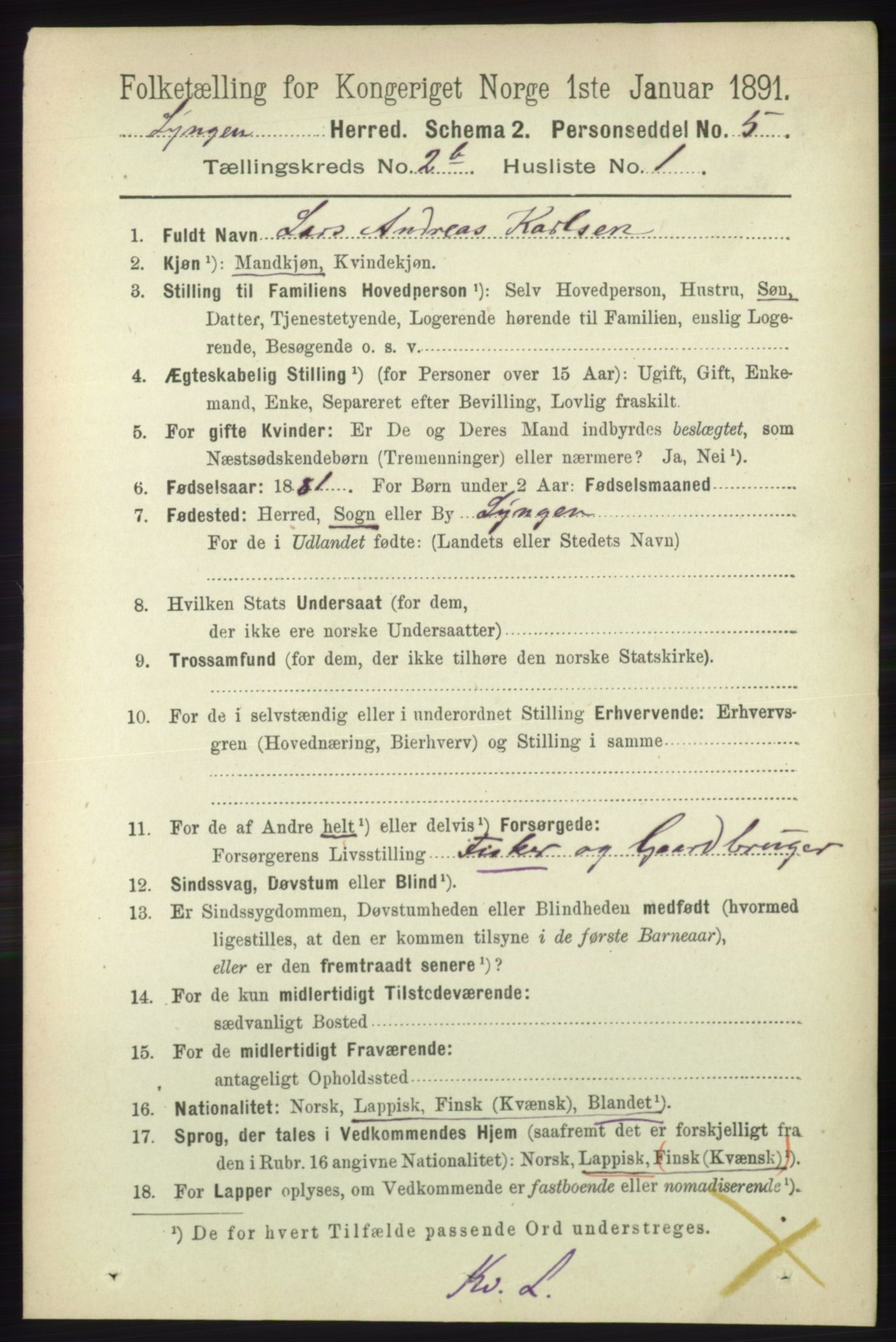 RA, 1891 census for 1938 Lyngen, 1891, p. 2474