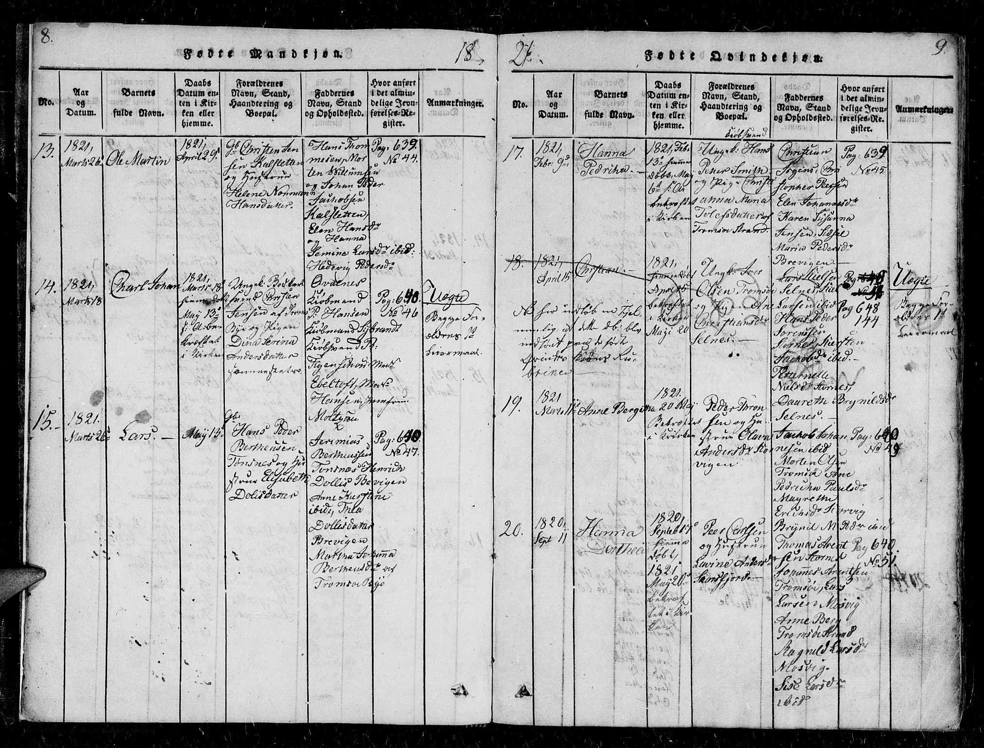 Tromsø sokneprestkontor/stiftsprosti/domprosti, SATØ/S-1343/G/Gb/L0001klokker: Parish register (copy) no. 1, 1821-1833, p. 8-9