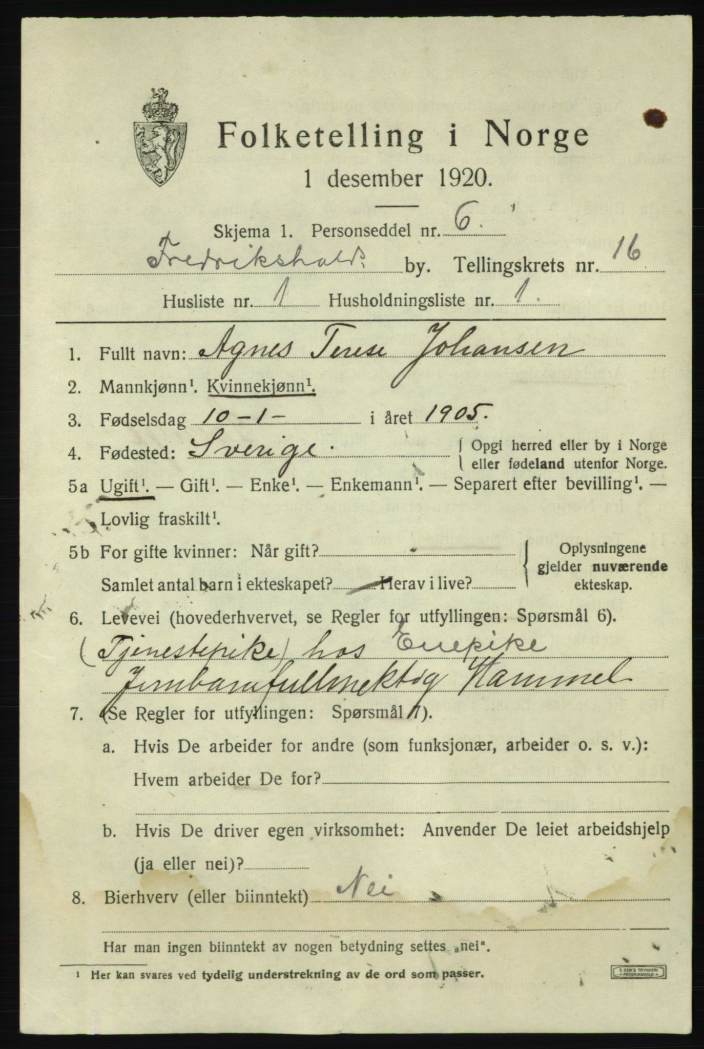 SAO, 1920 census for Fredrikshald, 1920, p. 24743