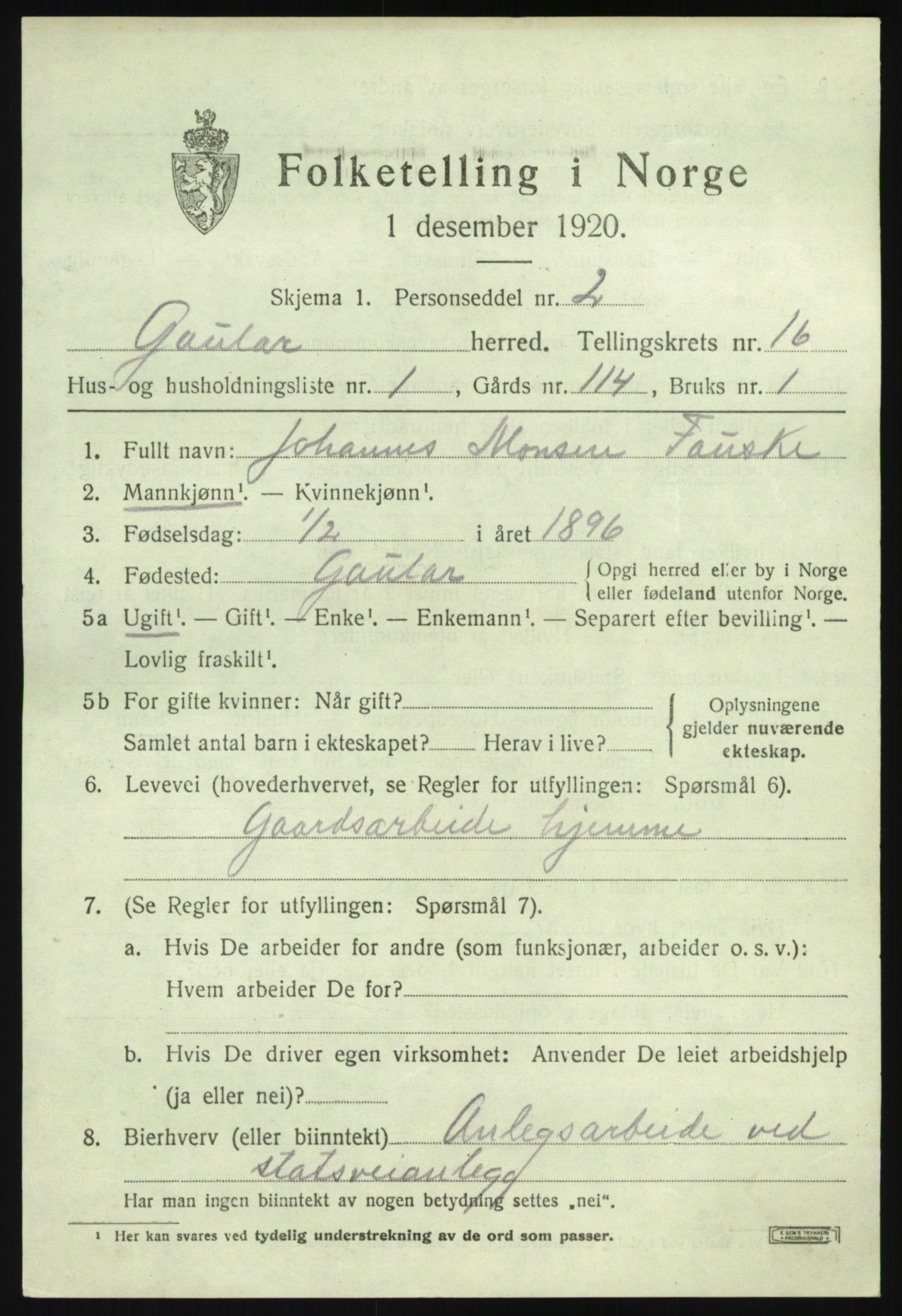 SAB, 1920 census for Gaular, 1920, p. 6900