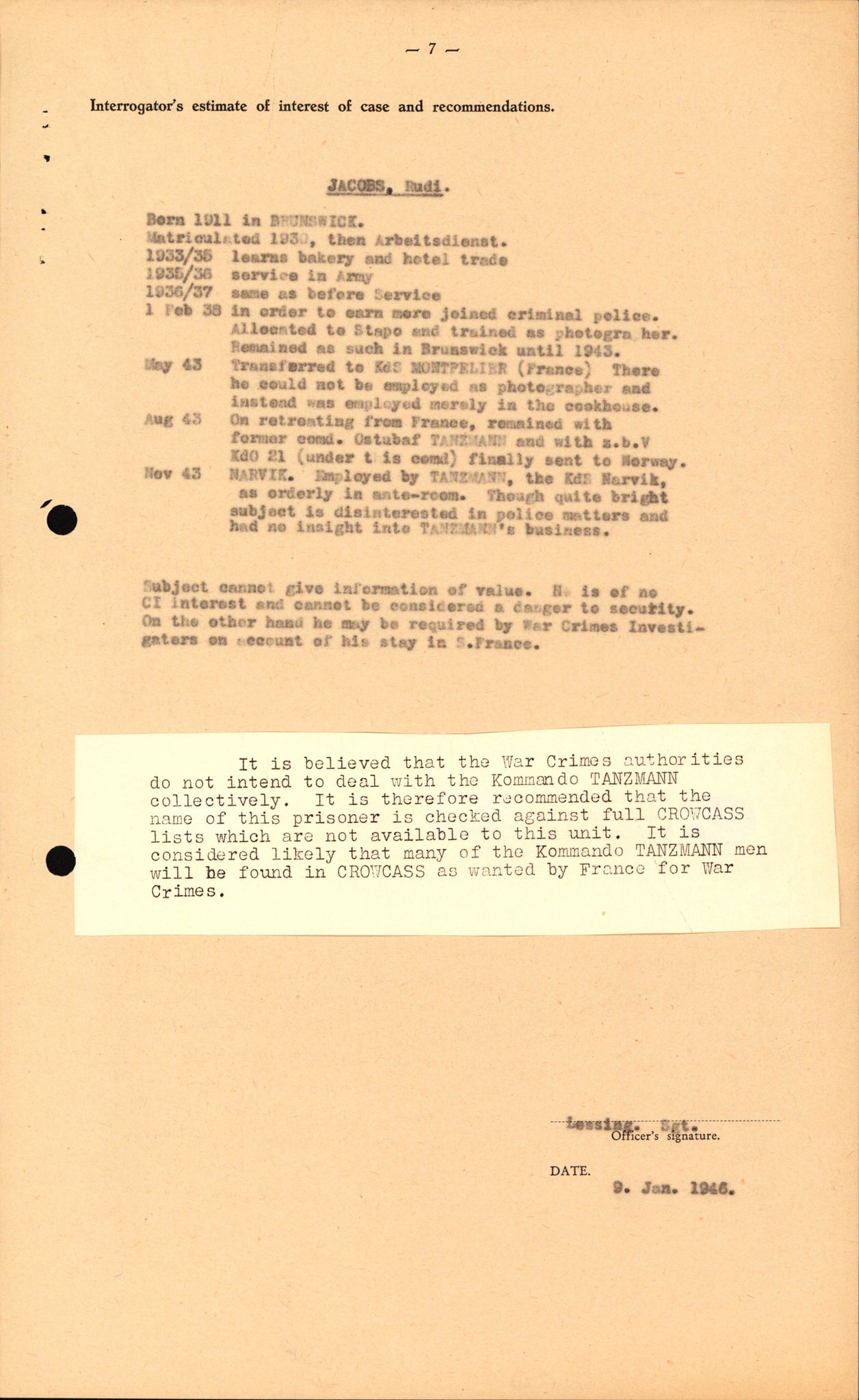 Forsvaret, Forsvarets overkommando II, RA/RAFA-3915/D/Db/L0014: CI Questionaires. Tyske okkupasjonsstyrker i Norge. Tyskere., 1945-1946, p. 447