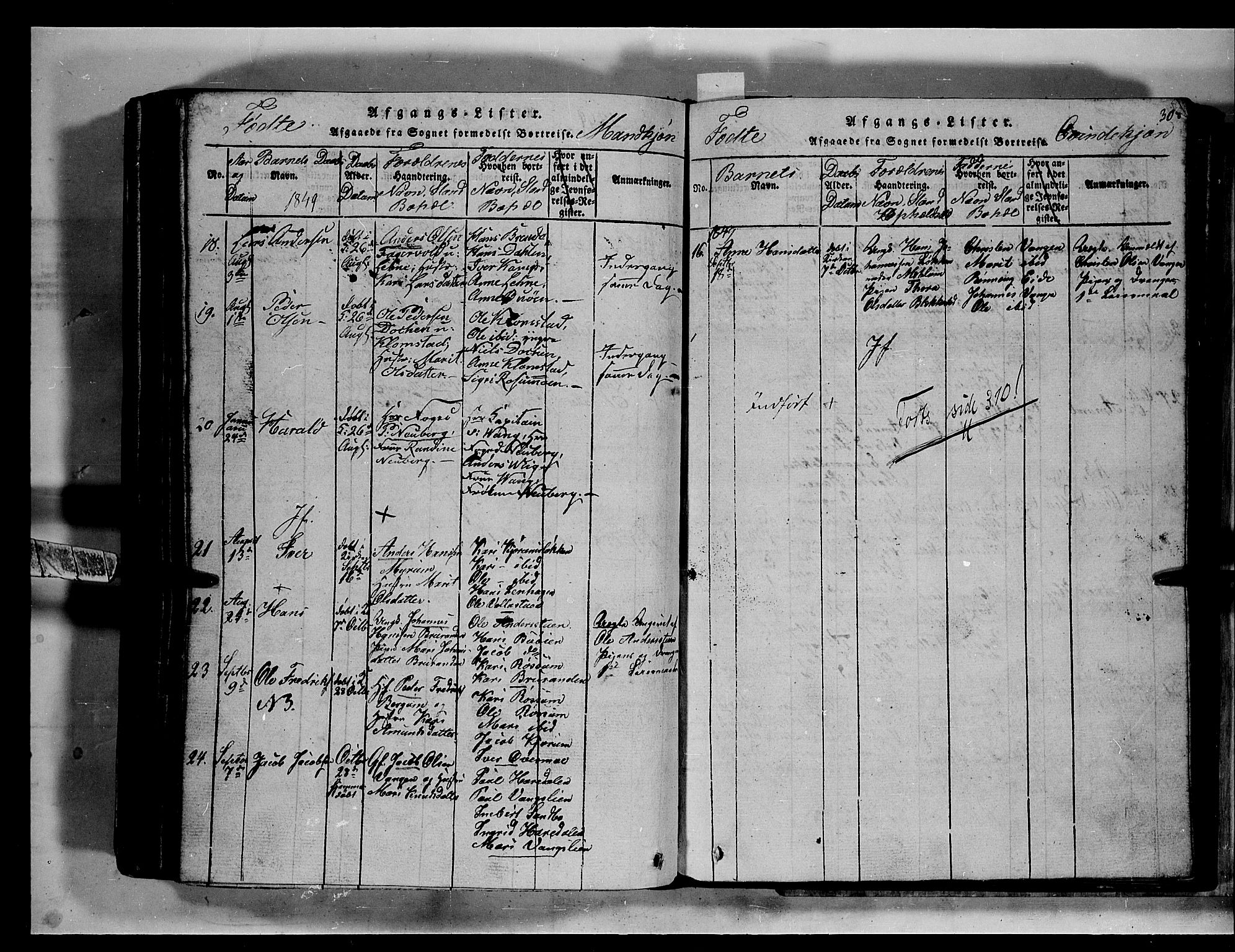 Fron prestekontor, SAH/PREST-078/H/Ha/Hab/L0002: Parish register (copy) no. 2, 1816-1850, p. 308