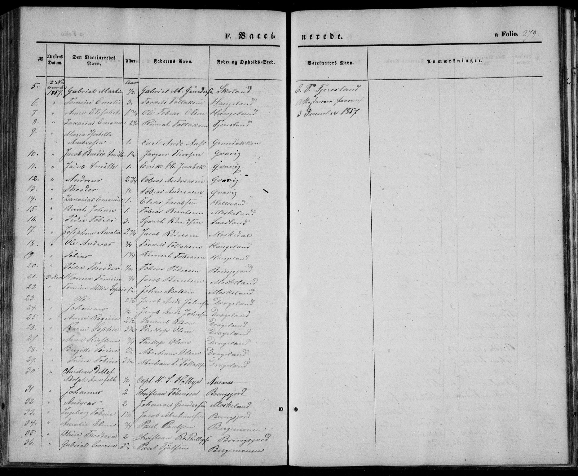 Lyngdal sokneprestkontor, AV/SAK-1111-0029/F/Fa/Fac/L0009: Parish register (official) no. A 9, 1852-1864, p. 279