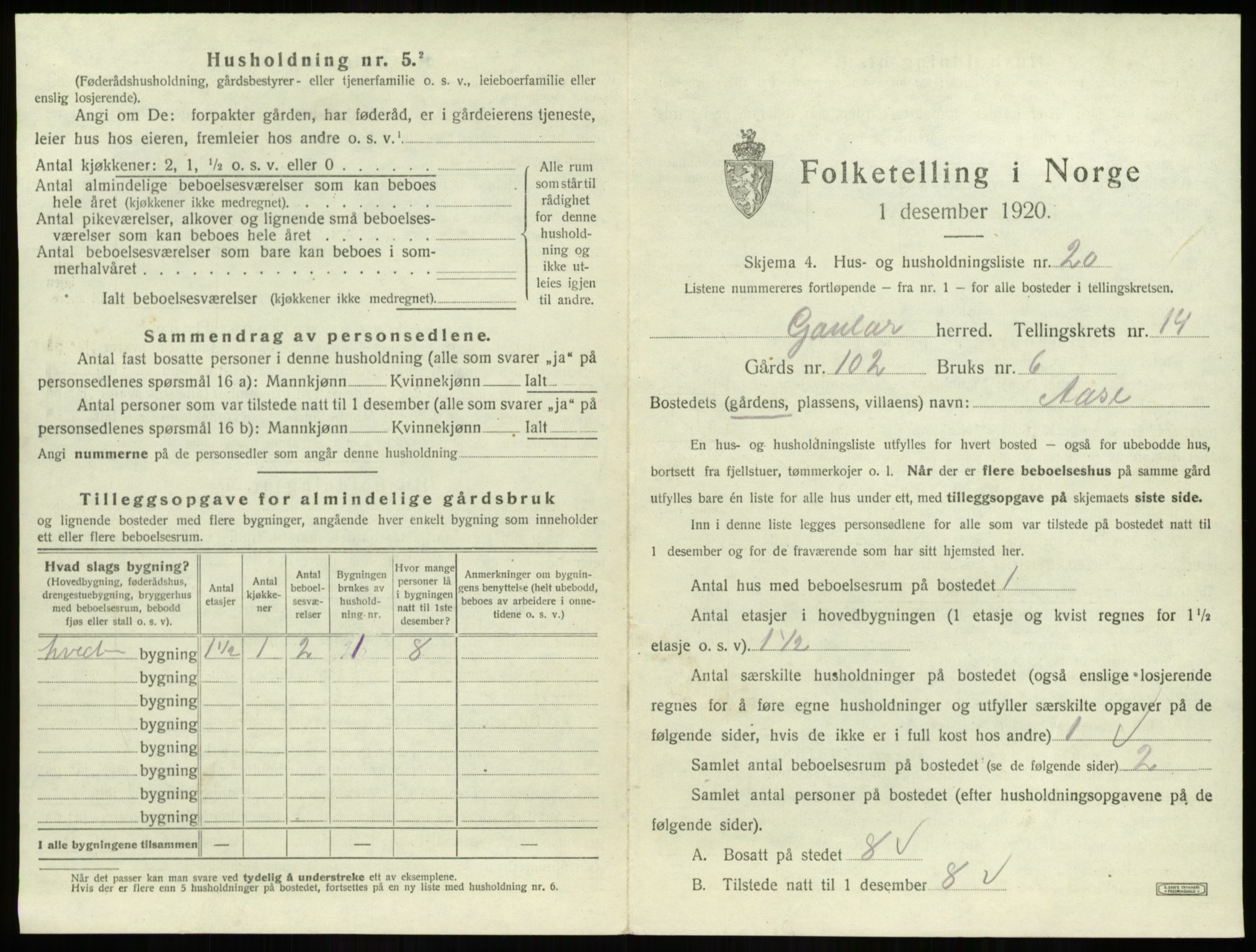 SAB, 1920 census for Gaular, 1920, p. 1057