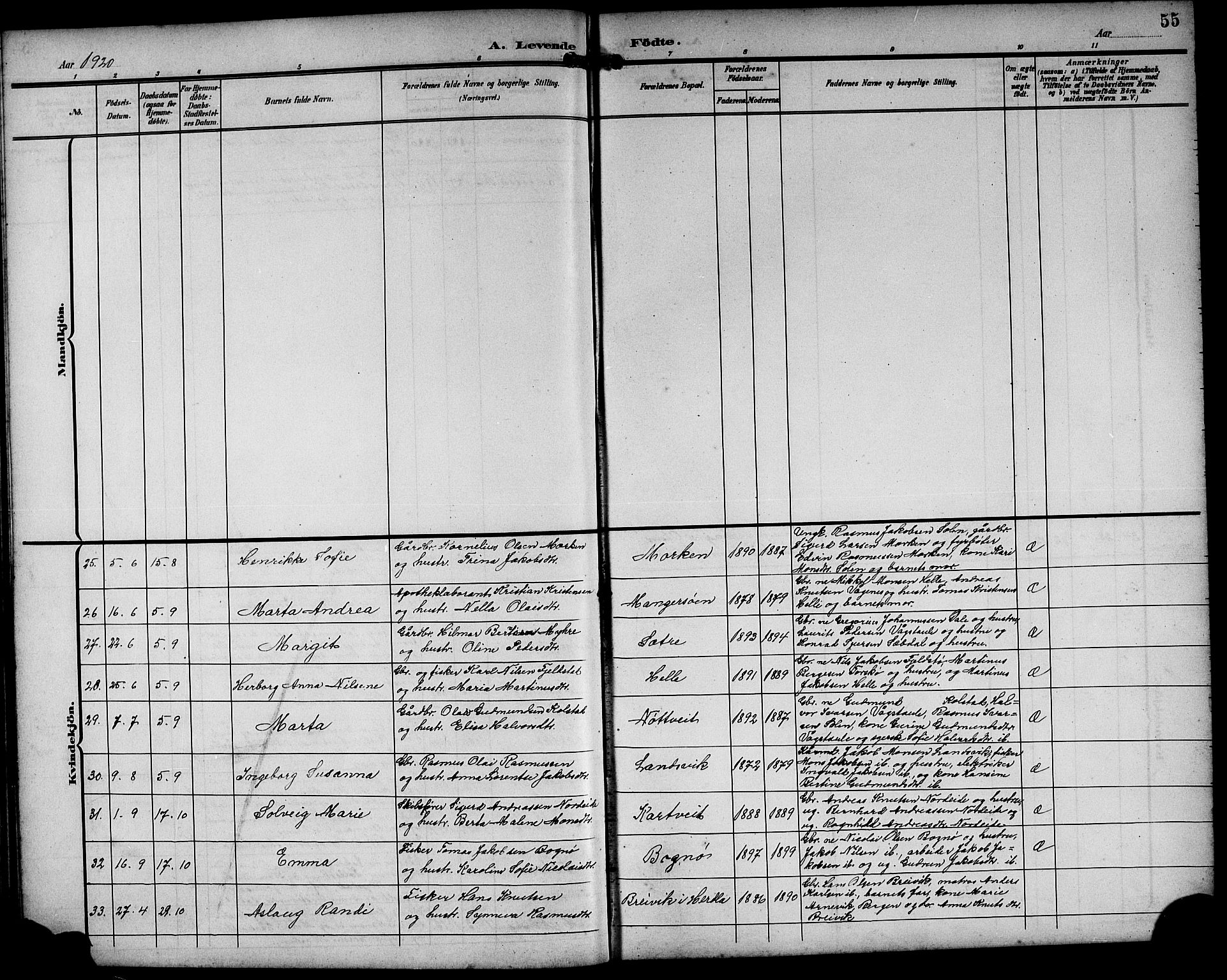 Manger sokneprestembete, SAB/A-76801/H/Hab: Parish register (copy) no. A 2, 1902-1923, p. 55