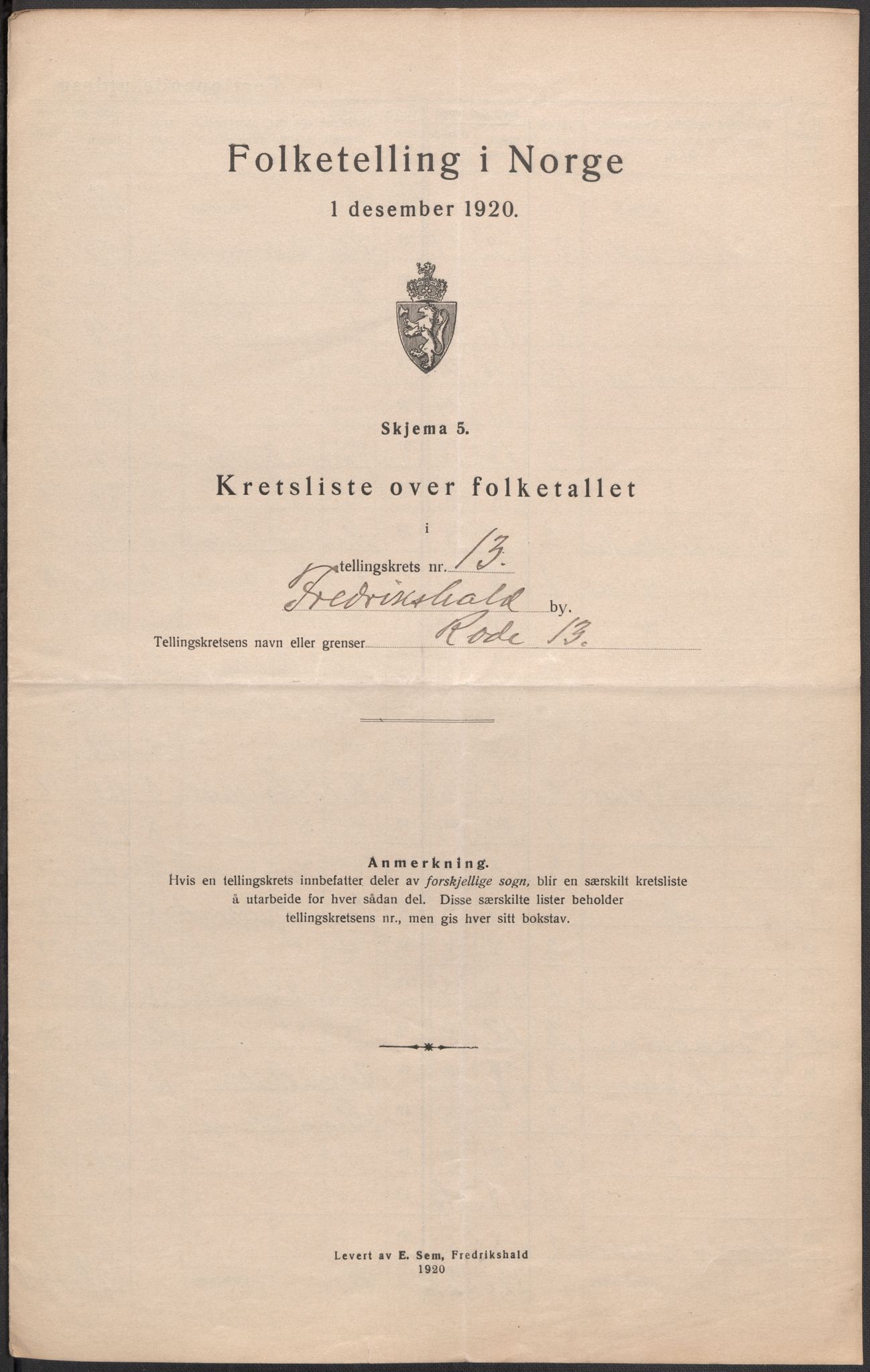 SAO, 1920 census for Fredrikshald, 1920, p. 42